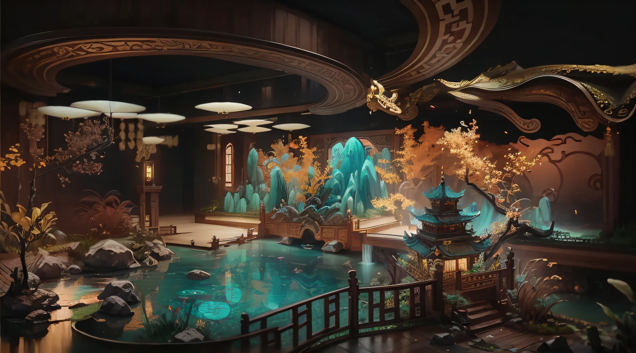 Beautiful rendering of the Tang Dynasty, highly detailed surreal vfx, intricate ornate anime cgi style, highly detailed vfx scene, Features a miniature indoor lake, Chinese fantasy, fantasy style 8 k octane render, drak,fenghuang,a chinese wedding