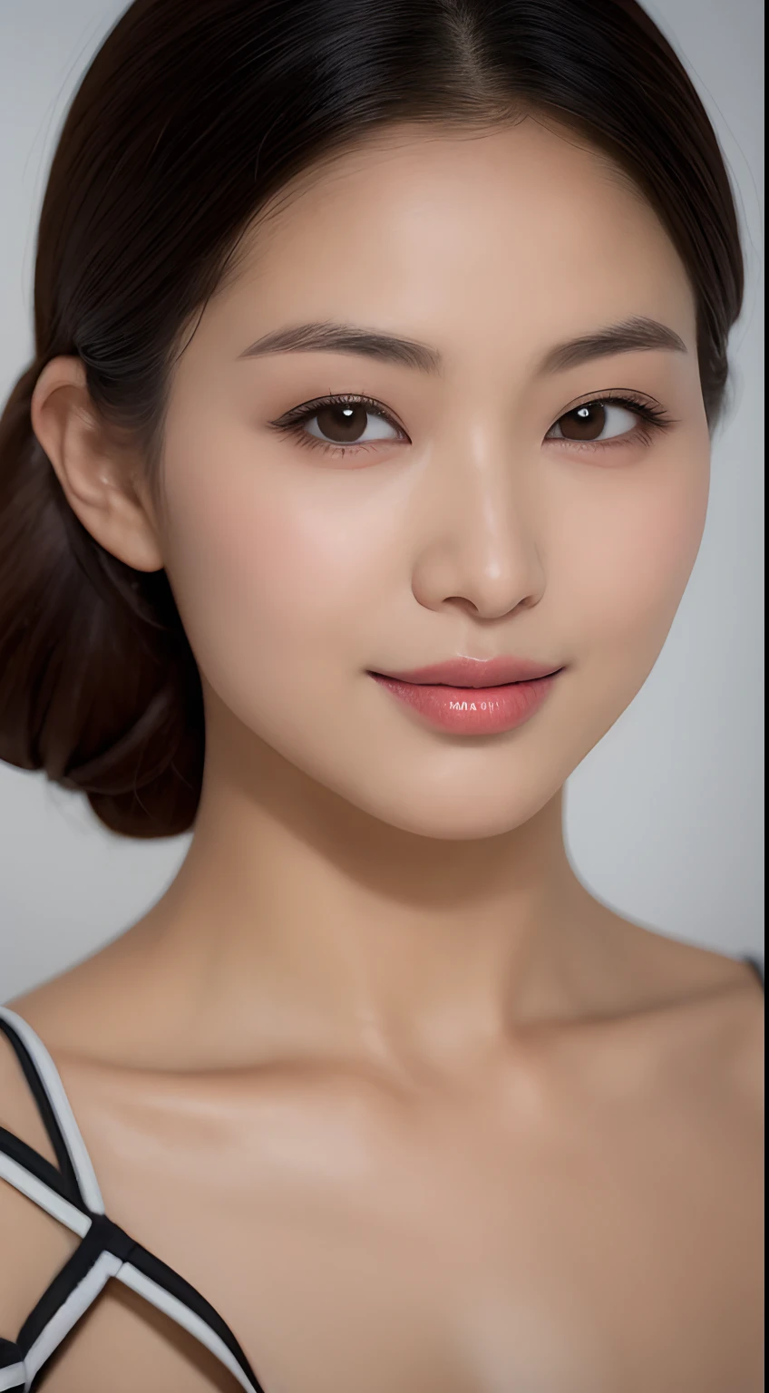 (best qualtiy, 8K, tmasterpiece:1.3)) ,(One guy:1.4),1girl in,Korean female,goddes,25-years old,Portrait Photogram,highly contrast, God perspective,aperture F1.2,Focal length 24mm,( full body Esbian:1.2),ssmile,posed for photo,No clothing,cabelos preto e longos,tying hair,Ultra-detailed skin details