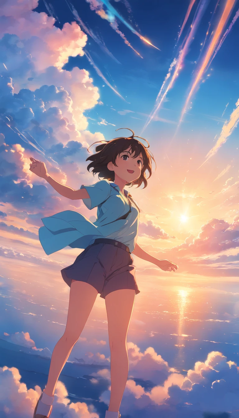masterpiece, best quality, movie still, 1girl, cloud girl, floating in the sky, close-up, bright, happy, warm soft lighting, sunset, (sparks:0.7)