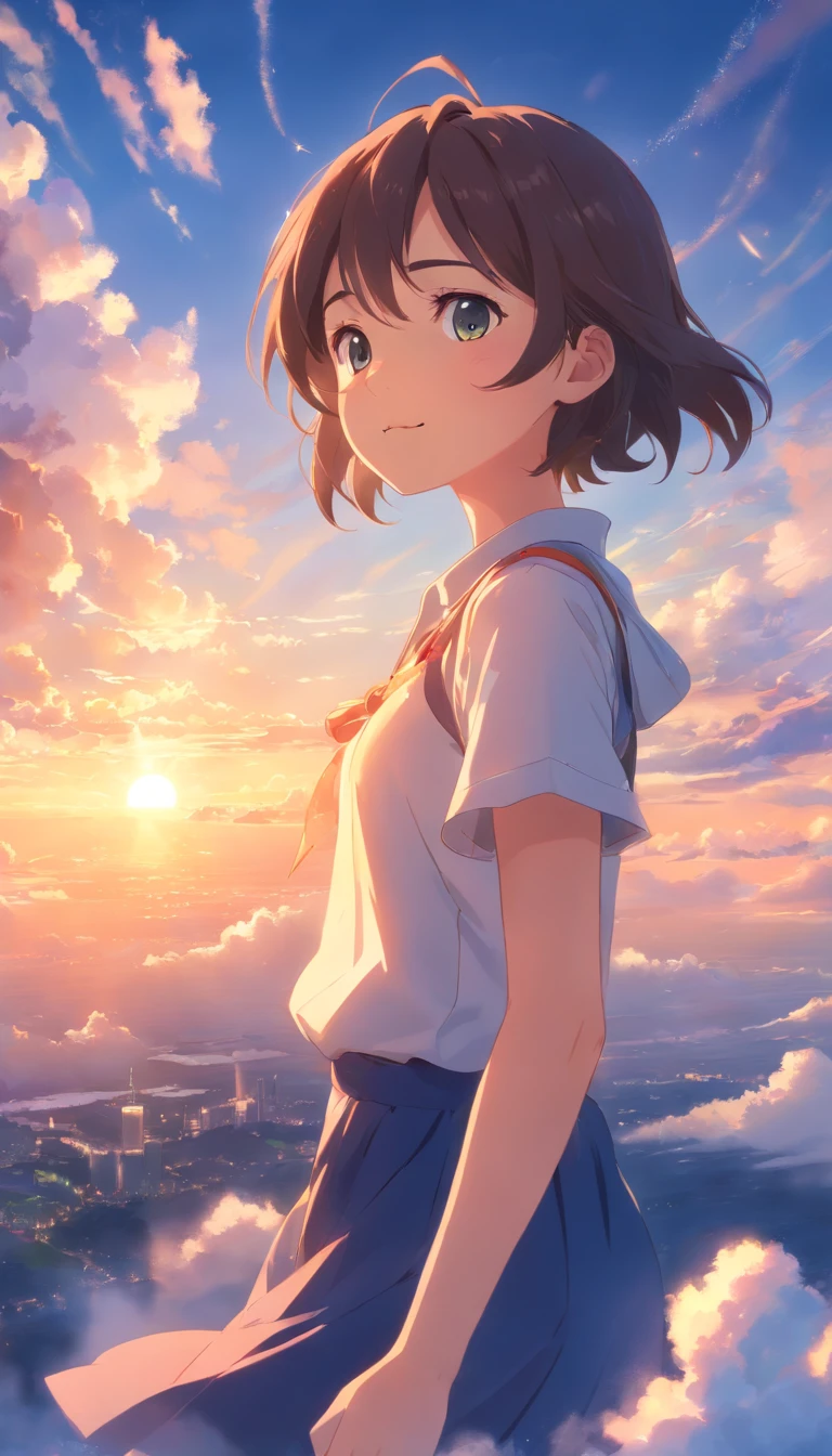 masterpiece, best quality, movie still, 1girl, cloud girl, floating in the sky, close-up, bright, happy, warm soft lighting, sunset, (sparks:0.7)