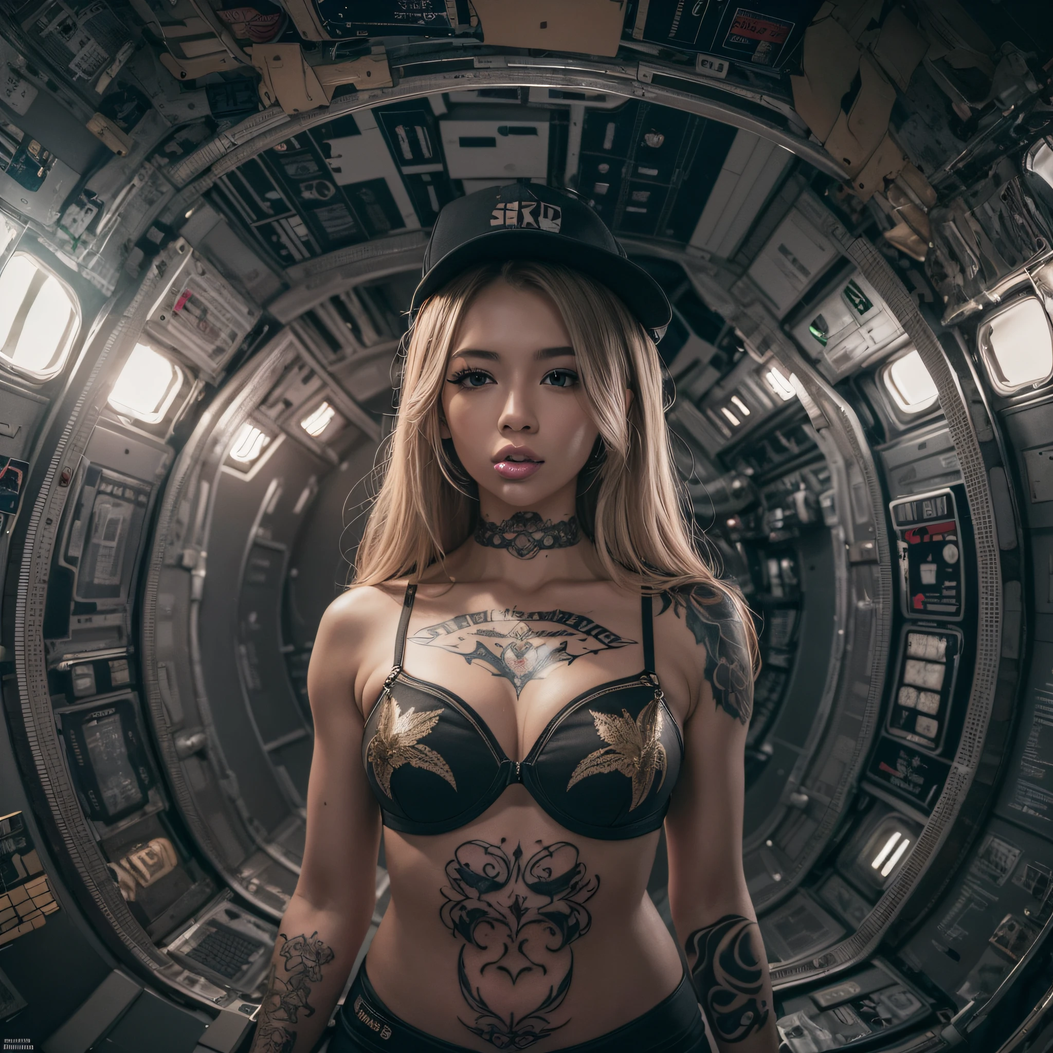 masutepiece, High resolution，Best Quality，High Definition, Perfect composition, Perfect face, Perfect body, Golden ratio, 8K，Inside the space station，Cinematic lighting，Mystical light，(Full body tattoo)，silber hair，light skinned，Beautiful breasts，Navel，put index finger on mouth，From below，