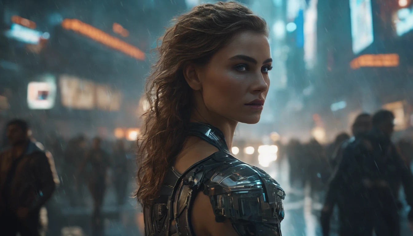 In a futuristic metropolis, Cyborg Girl, Her clothes were torn to shreds, Standing against the backdrop of towering holographic billboards, In a sea of bustling crowds, It shows the fusion of man and machine in the cyberpunk world, digital art, High-resolution rendering, beautiful, model, beautiful model, gun, Detailed clothes, detailed face, A detailed eye, Detailed eyes, wavy hair, messy hair, 8K UHD, rain, heavy rain, reflection, cyberpunk