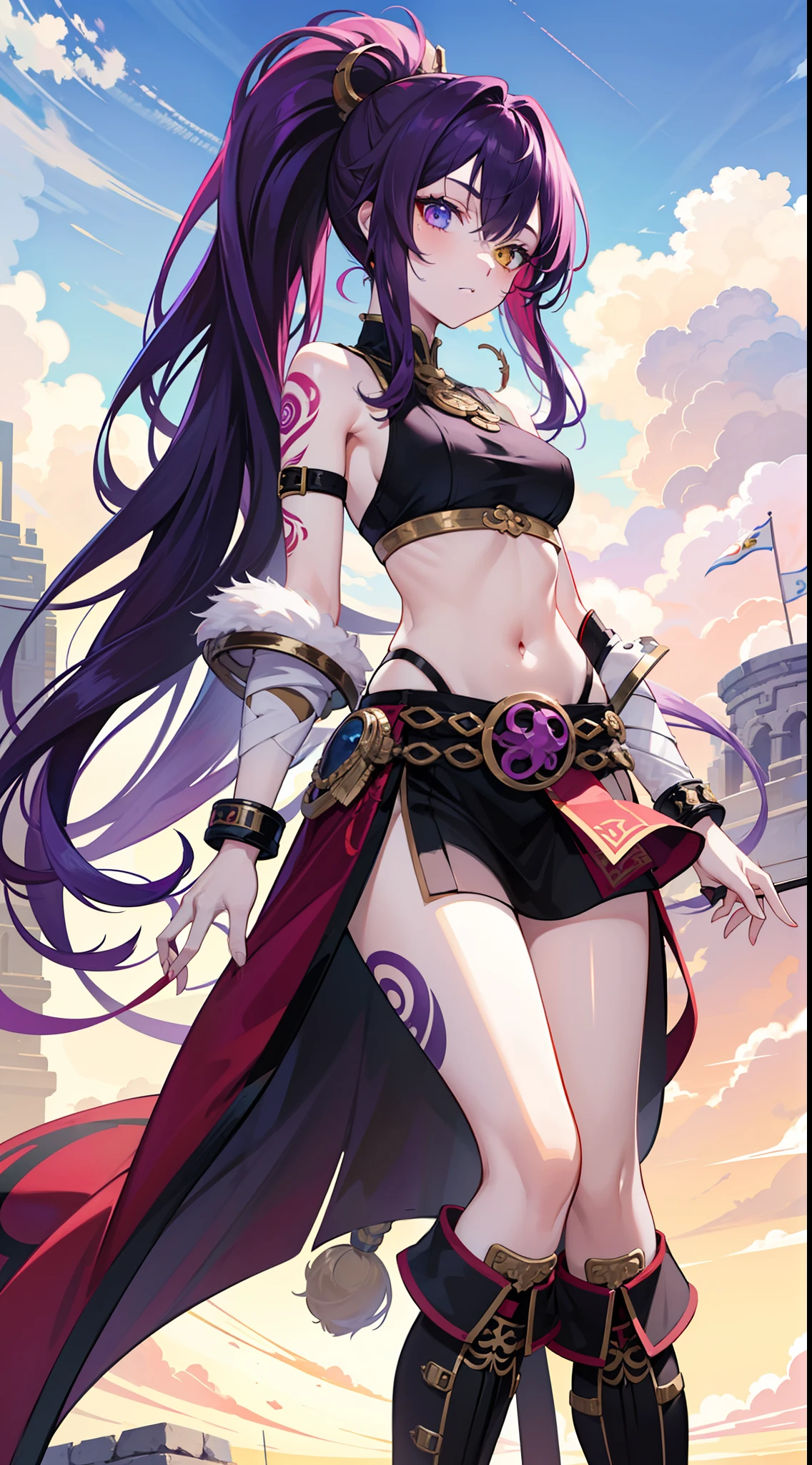 adult girl, long purple hair, Part of the hair is gathered in a high ponytail, Heterochromia, The left eye is purple, Red right eye, big breastes, The Monkey King's Armor, open torso, lots of tattoos, clouds beneath your feet, Masterpiece, hiquality, 4k, HD, Good detail