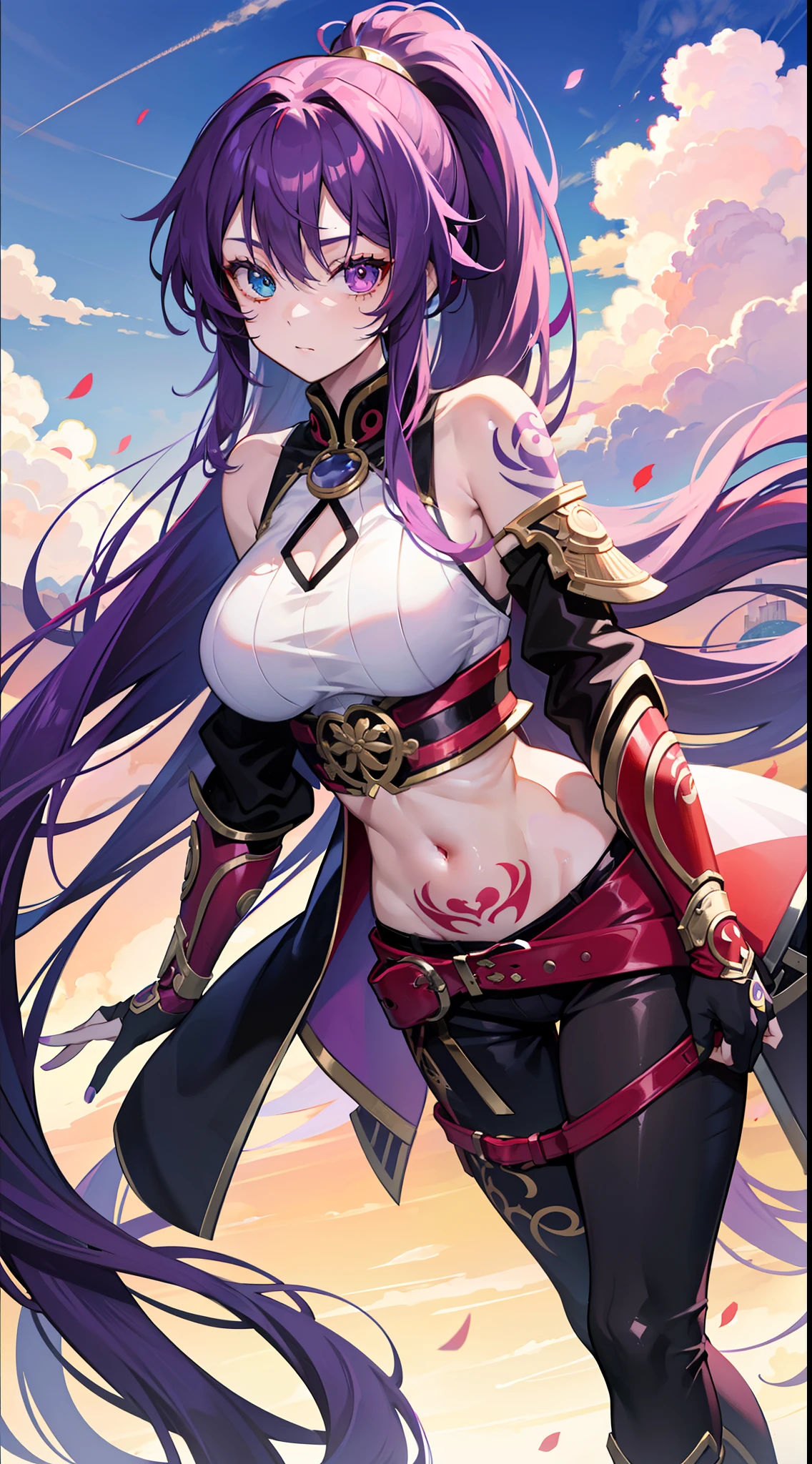 adult girl, long purple hair, Part of the hair is gathered in a high ponytail, Heterochromia, The left eye is purple, Red right eye, big breastes, The Monkey King's Armor, open torso, lots of tattoos, clouds beneath your feet, Masterpiece, hiquality, 4k, HD, Good detail
