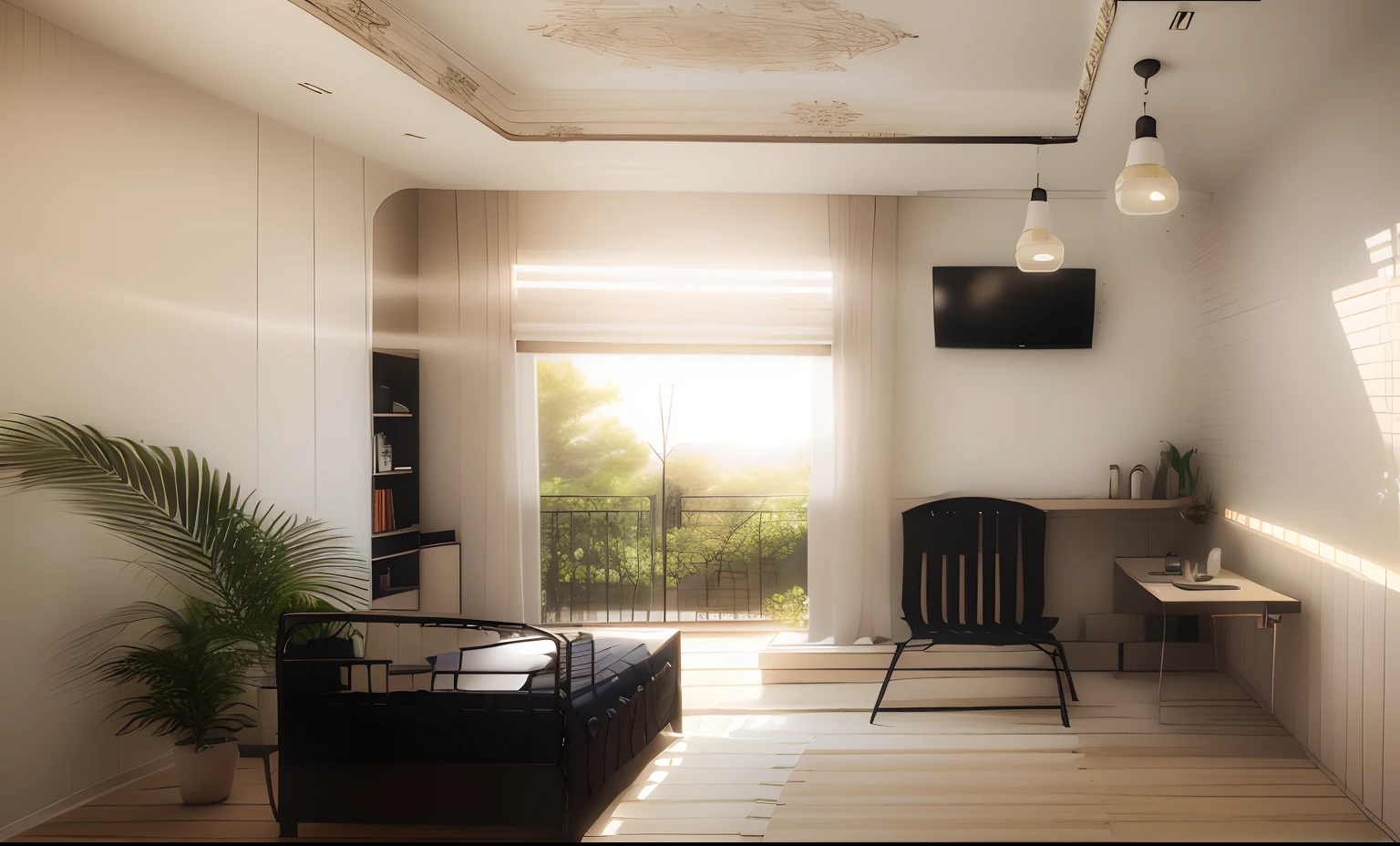 (8K、top-quality、masterpiece:1.2)、(realisitic、Photorealsitic:1.37)、ultra-detailliert、top-quality、超A high resolution、professionally lit、Photon mapping、Radio City、physically-based renderingt、Cinematic lighting、depth of fields,Focusing,Sun'rays,Good composition,(Bokeh:1.2), Alafed view of bedroom with bed, Chair, and Desk, Eclectic concept, interior design, inside of a bedroom, room interior, concept house, concept illustartion, Inspired by Matisse, Simple ceiling, Bedrooms, Bright rendering, Detailed rendering, rendered, 3d rendered, 3D Rendering, throughout the room, Apartment design、Batic pattern on left wall storage、