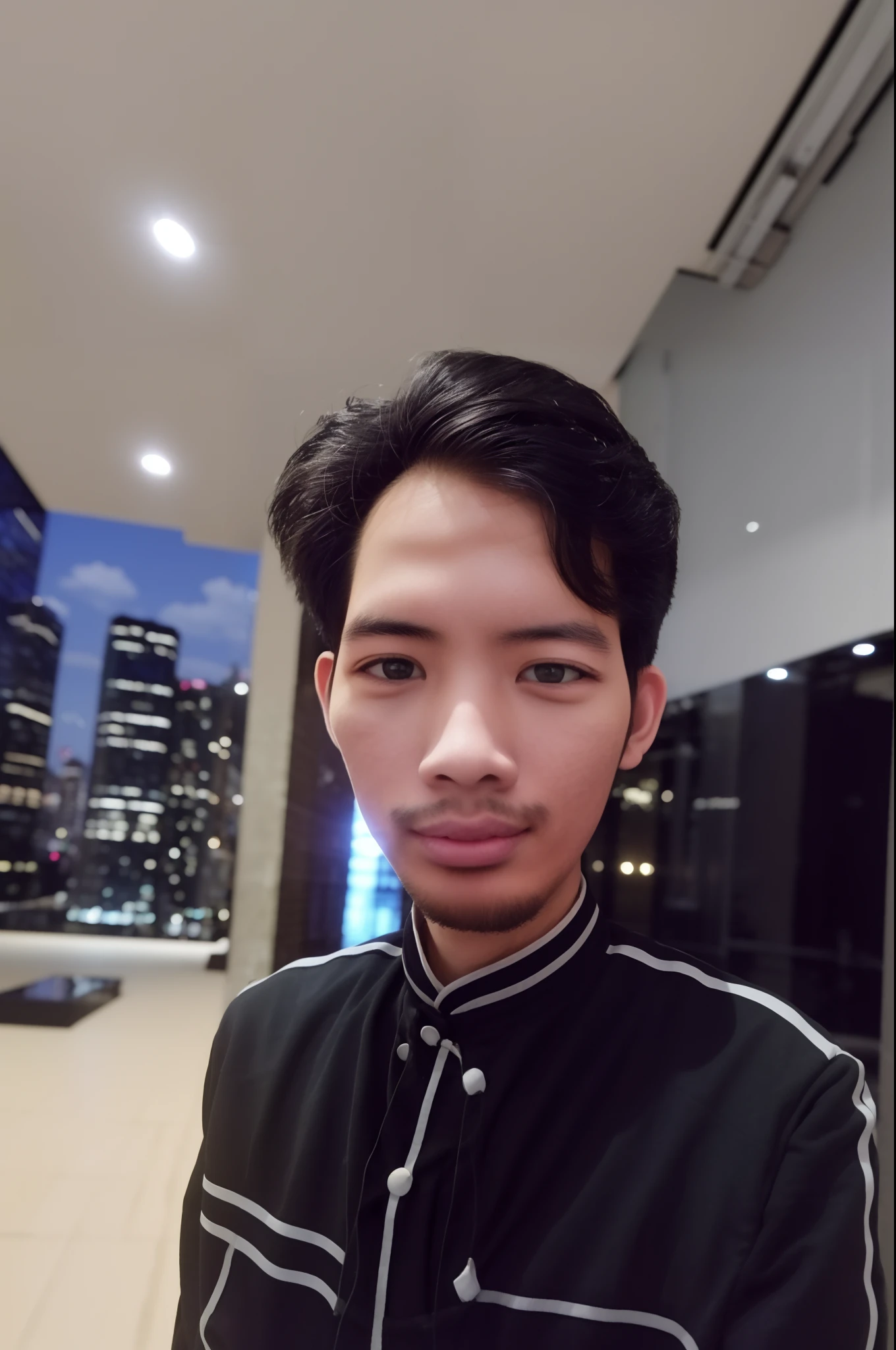 (best quality, masterpiece:1.2),ultra-detailed,(realistic,photorealistic,photo-realistic:1.37), Male, 25 years old, long black jacket, little smile expression, standing in front of the Skyscrapers, close up