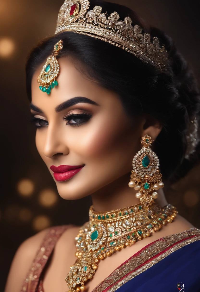 Hindu Goddess in traditional look, wearing halter neck blouse, seductress beauty in yellow and black dotted saree, juicy red lip, heaven, full body image, full body wide eyes, still standing, caucasian, Fractal geometric designed super luxurious beautiful high detailed elegant saree, rich jewelry and gold earrings, ultra-realistic UHD photography, ultra micro detailed face and eyes, Broken Glass effect, serene scenic background, stunning, something that even doesn't exist, mythical being, energy, molecular, textures, iridescent and luminescent scales, breathtaking beauty, pure perfection, divine presence, unforgettable, impressive, breathtaking beauty, Volumetric light, auras, rays, vivid colors reflect