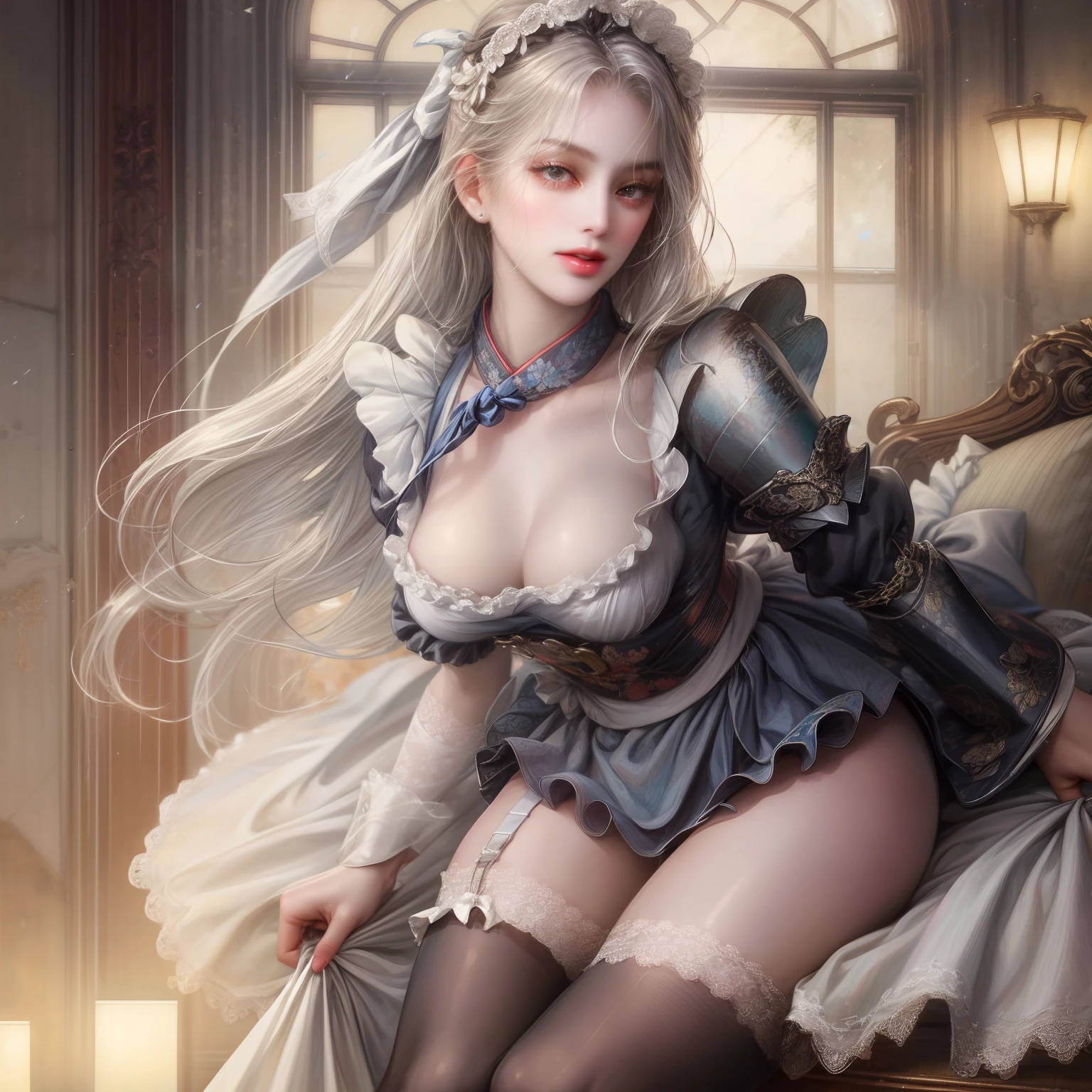 "((1 girl in)、(Long grey hair+silber hair:1.2)、(Lori+Beautiful clothes)、Perfectly beautiful、robe blanche、Goddess Pixiv、seductiv)、(Dynamic table pose)、(cute little)、(The background is unknown)、hight resolution。」(((1个Giant Breast Girl)),Ray traching,(dim murky lights),[detailedbackground(Bedrooms)),((Silvery hair)),((Silvery hair)),(((((Fluffy silver hair,plump and slender girl))Wears a high ponytail)))Avoid golden eyes in the ominous bedroom((((The girl wears a short white skirt and light-colored stockings)There are also white ruffled bow gloves),It shows a delicate and slender figure and beautiful curves,Correct limbs,Lie down in bed,Best quality in 4K, (Extremely detailed: 1.5), masutepiece, 超A high resolution,(photographrealistic:1.4), 1 ADLT Women, Cowboy Shot, (Wear battle armor:1.6), (Blue kimono with floral pattern:1.6), (maid:1.6), Blue Maid Microskirt, Holding a spear, Cheerful, Blue hair, (bob cuts:1.2), Curly hair, (Big eyes:1.1), (Raw feet:1.3),Big breasts, Wind, Dynamic Angle, Dynamic Pose, cloaks(Original Character、Unity 16K Wallpaper, masutepiece, Best Quality, Ultra-detailed, extremely details CG, Caustics, Cinematic lighting, Detailed, Beautiful detailed eyes, Solo,Sexy Women), Ultra High Resolution, Fine skin, (maid, maid apronl, Maid headdress,Black Maid Skirt), (strong lights)、Oily skin,curby:1.2,huge-breasted,mansion、(Cowboy Shot、above breasts),Focus chest,Armpits
