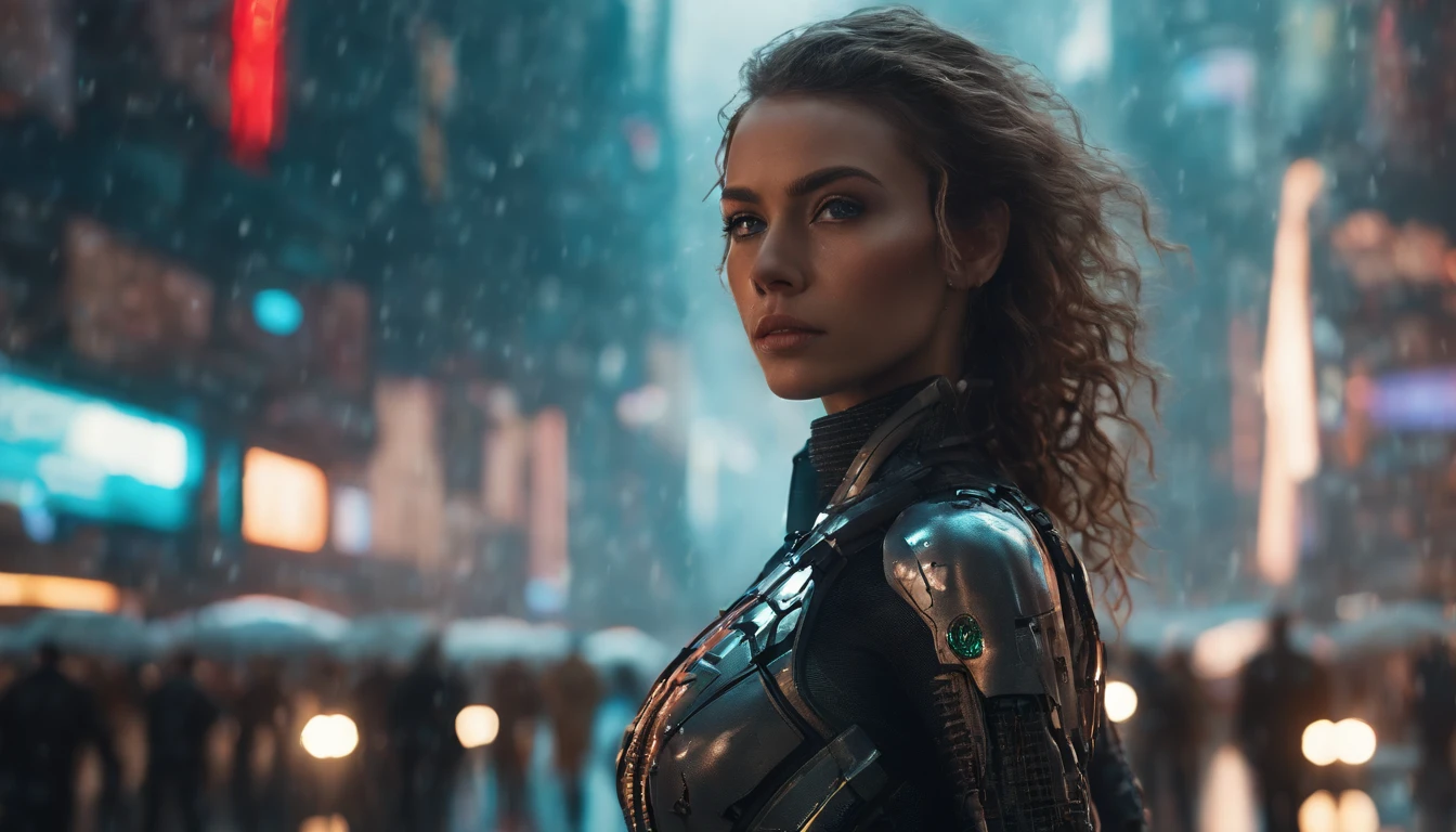 In a futuristic metropolis, Cyborg Girl, Her clothes were torn to shreds, Standing against the backdrop of towering holographic billboards, In a sea of bustling crowds, It shows the fusion of man and machine in the cyberpunk world, digital art, High-resolution rendering, beautiful, model, beautiful model, gun, Detailed clothes, detailed face, A detailed eye, Detailed eyes, wavy hair, messy hair, 8K UHD, rain, heavy rain, reflection, cyberpunk, front shot