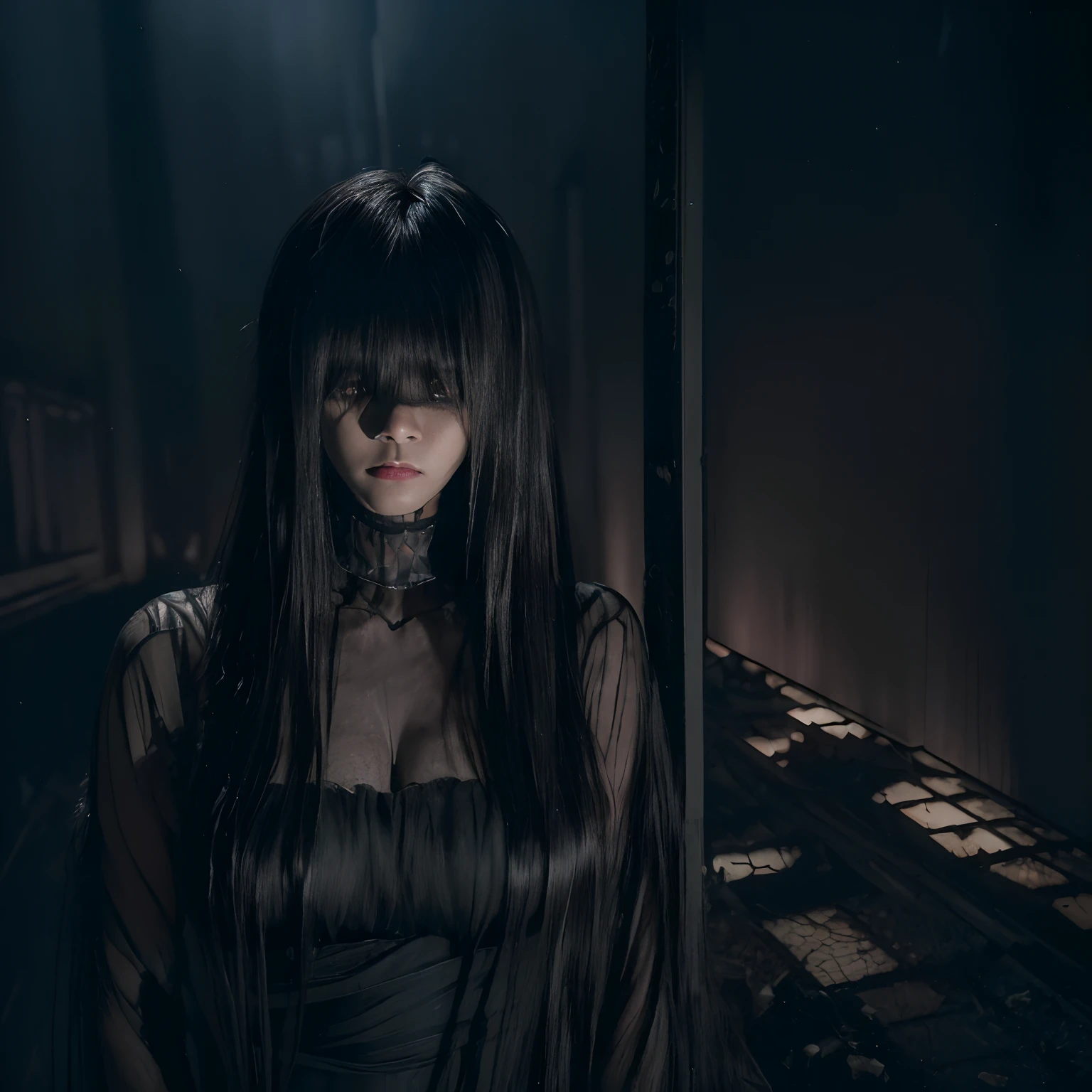 (masterpiece, best quality), (ultra realistic portrait of Japanese female ghost, scary Female Ghost, (black hair, super long hair, ultra long bangs:1.55, whole front face are hidden by long bangs:1.55), (Japan Ghost Story, Amazing beauty, ultra huge breasts, Excellent slim body style, Mind-boggling images, full body shot, (sheer red dress:1.35), canny, horrified, standing in Japanese abandoned houses, (dark atmosphere:1.5, Darkness of the night:1.5),