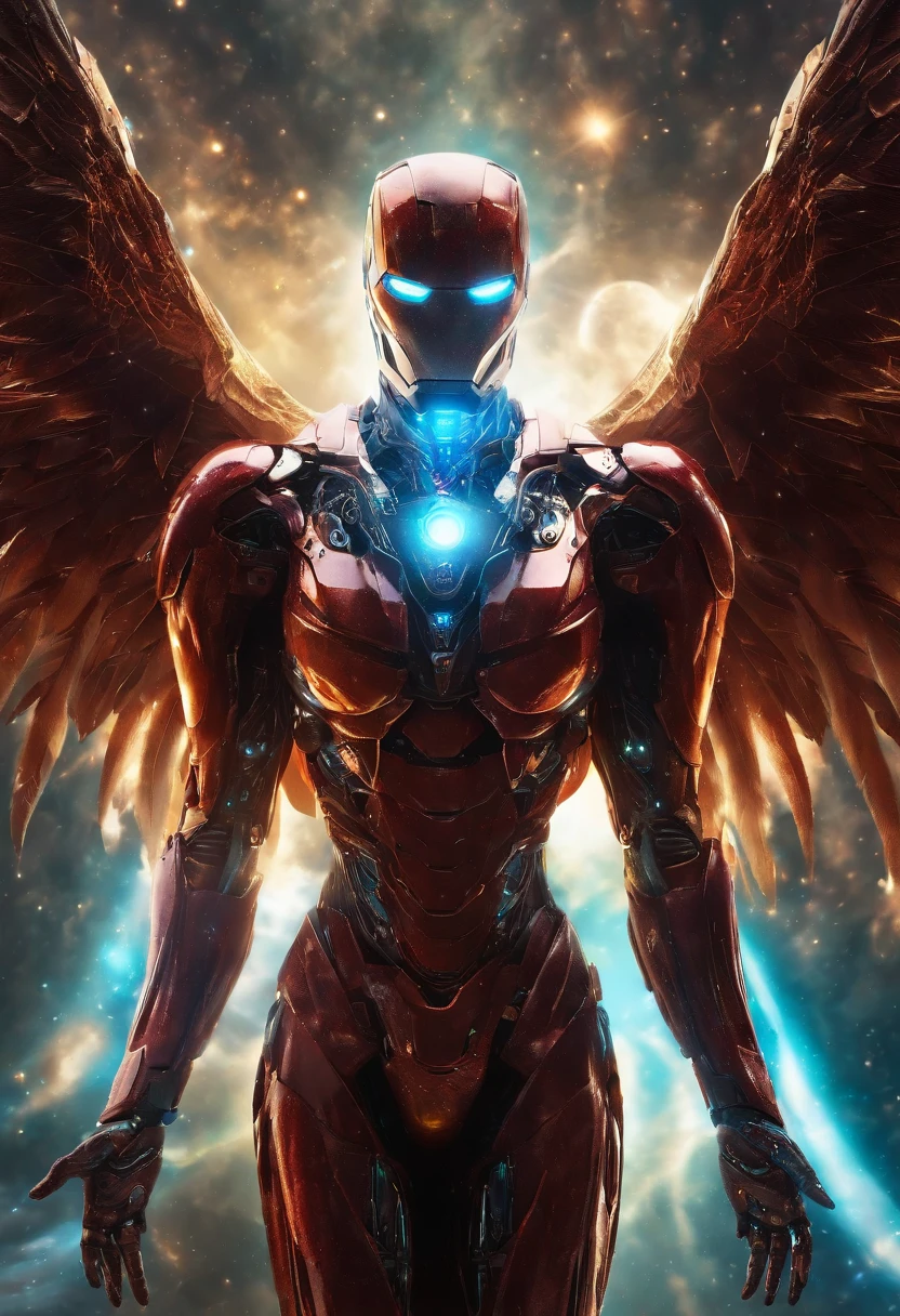 Fallen Angels of the Universe, radiant eyes, biomechanical, eery, creepy, nightmarish, Very bright colors, light Particle, bio luminescent, Musifer, Wallpaper Art, UHD Wallpapers、Rasvos、ironman
