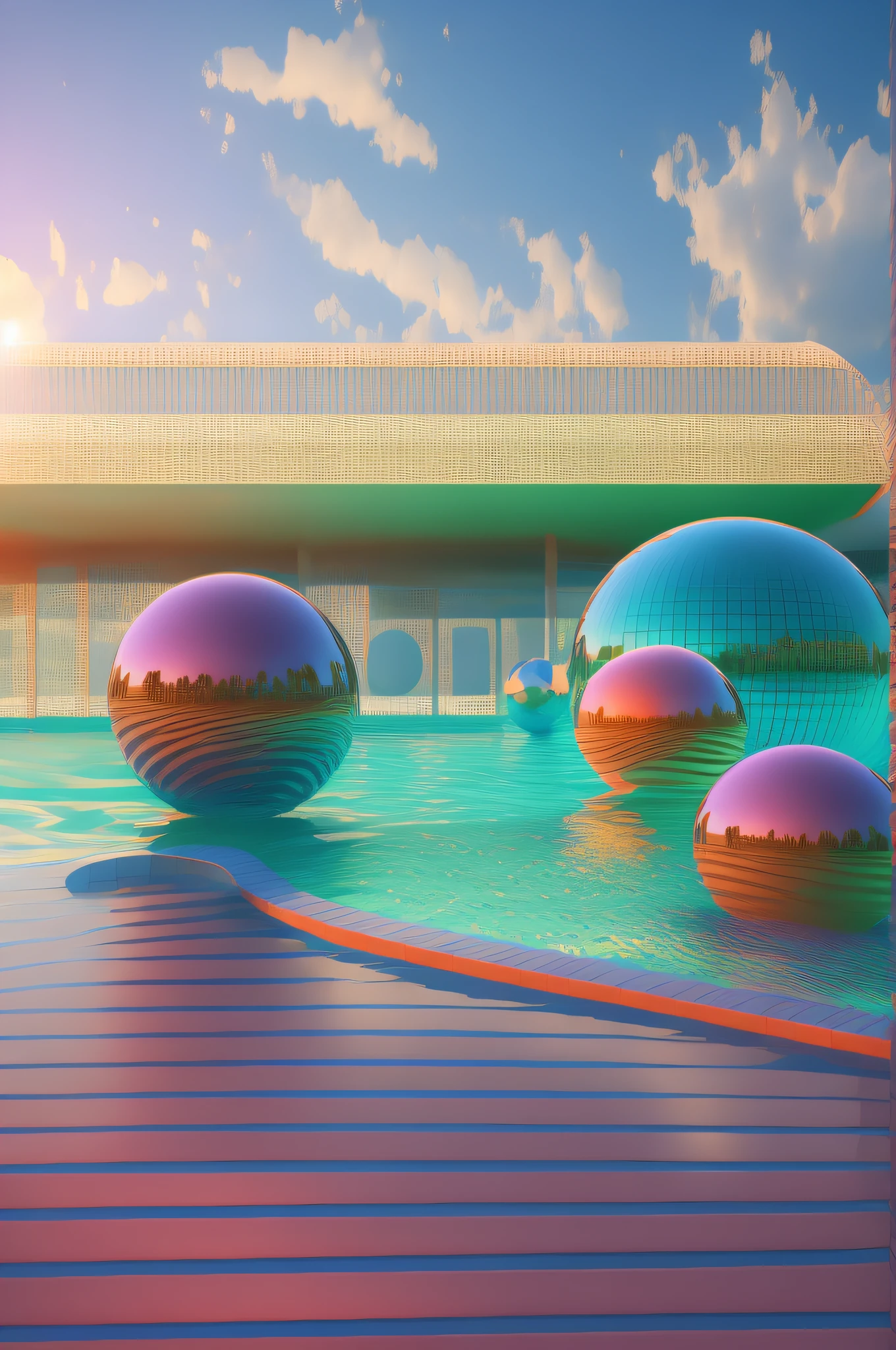 Three colorful balls in pool on sky background, Vray Tracing, Ray Tracing Global Illumination, artem demura beeple, Beeple Global Illumination, Vray Tracing, beautiful 3 d concept art, Mike Winckelmann, by Fei Danxu, inspired by Mike Winkelmann, highly realistic concept art