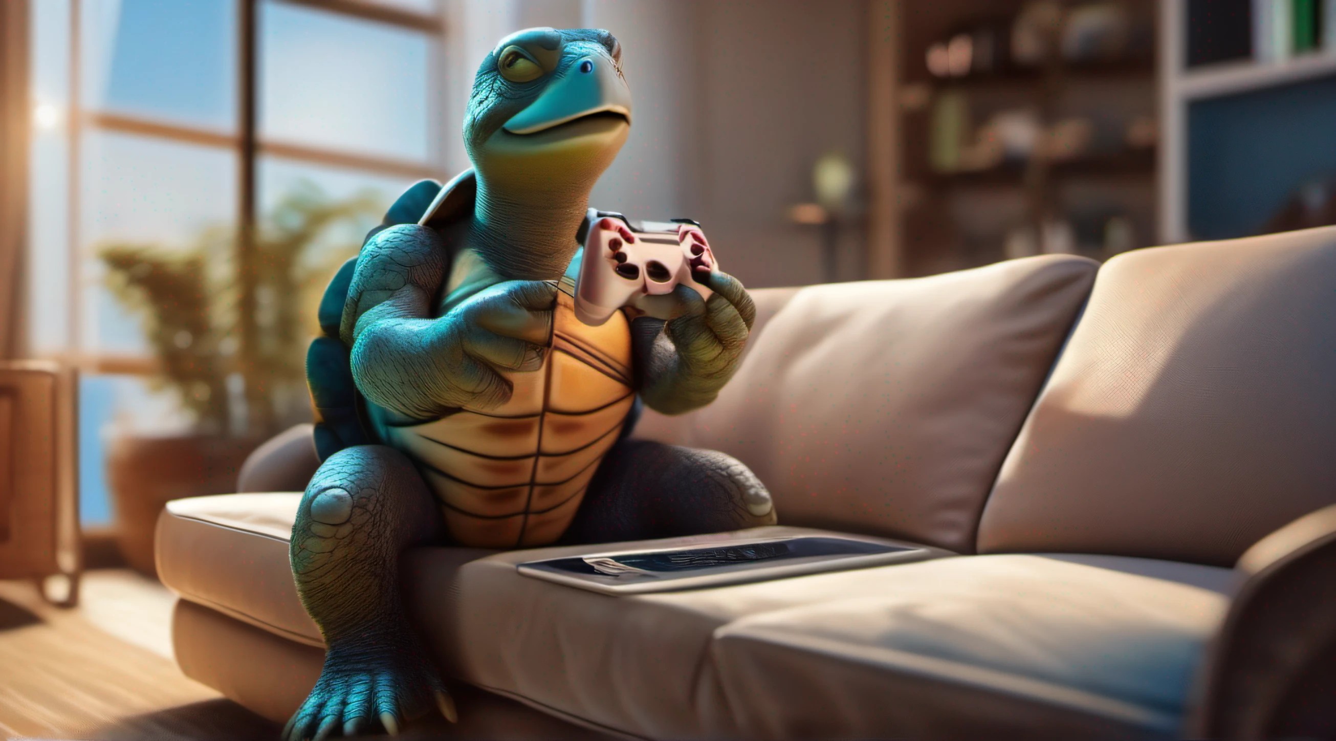 ultra-realistic image of a turtle sitting on the sofa at home playing video games with a joystick in his hands, 8k