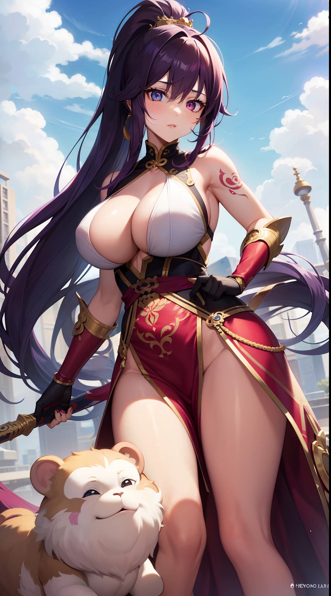 adult girl, long purple hair, Part of the hair is gathered in a high ponytail, Heterochromia, The left eye is purple, Red right eye, big breastes, The Monkey King's Armor, open torso, lots of tattoos, clouds beneath your feet, Masterpiece, hiquality, 4k, HD, Good detail