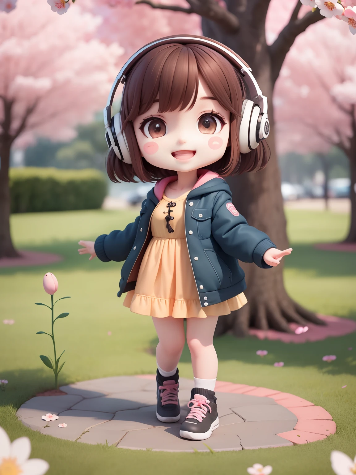 (masterpiece),(best quality),(ultra-detailed), (full body:1.2), solid background 1girl, chibi,cute, smile, open mouth, outdoors, playing piano, music, jacket, blush, tree, :3, shirt, short hair, cherry blossoms, blurry, brown hair, blush stickers, long sleeves, bangs, headphones, black hair, pink flower, (beautiful detailed face), (beautiful detailed eyes),