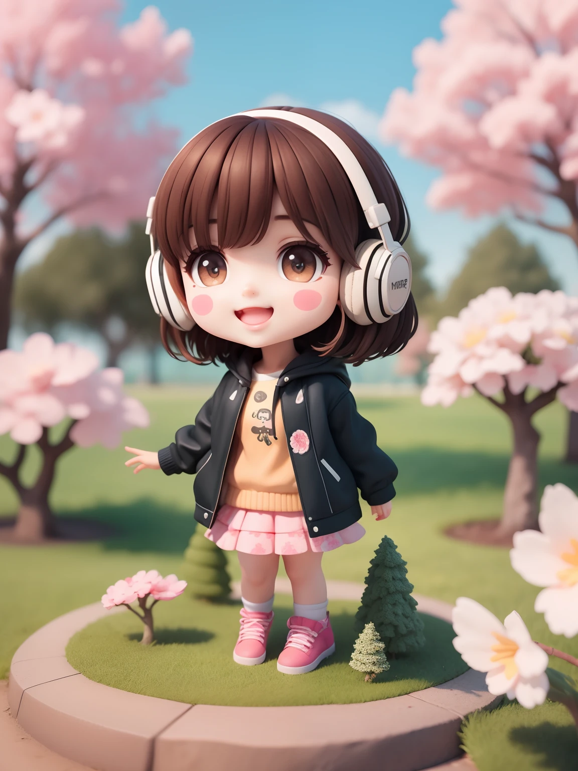 (masterpiece),(best quality),(ultra-detailed), (full body:1.2), solid background 1girl, chibi,cute, smile, open mouth, outdoors, playing piano, music, jacket, blush, tree, :3, shirt, short hair, cherry blossoms, blurry, brown hair, blush stickers, long sleeves, bangs, headphones, black hair, pink flower, (beautiful detailed face), (beautiful detailed eyes),