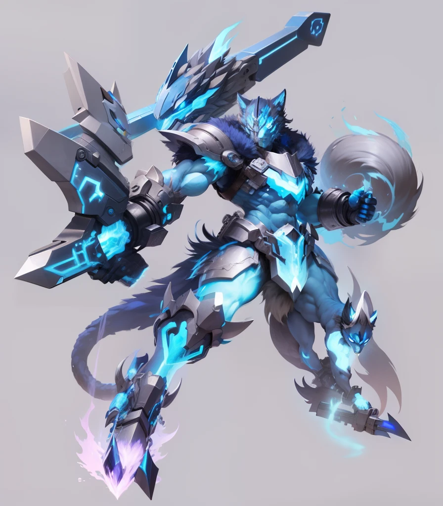 Digimom blue wild animal Wolf male weapons in hand concept art fantasy, Elemental fire, Skill power fire