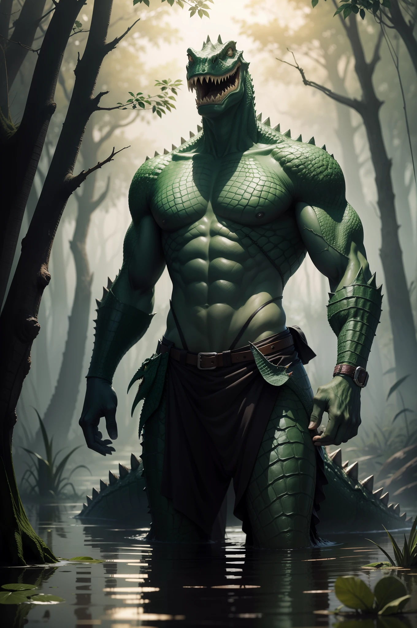 sweat drops, photography, (cool posing:1.1025), smooth skin, ultra realism shading, anthro, green, dragon, photorealistic, nude, suggestive, (rembrandt:1.1025), huge pecs, tribal, warrior, biceps, (loincloth:1.05), tiny small waist, slim hunk, nsfw, in a swamp, white belly, tail