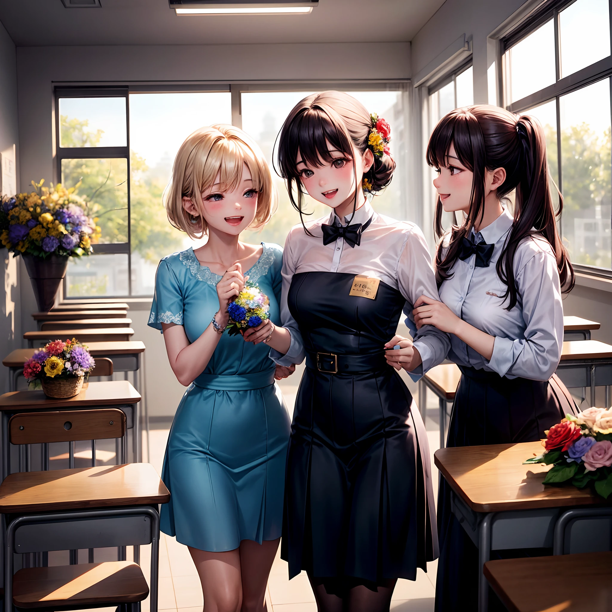 ，Masterpiece, Best quality，8K, 超高分辨率，In this wonderful school，On the occasion of Teachers' Day，The classroom became a sea of flowers。Step into the classroom，It's as if you've entered a dream world。

The four walls of the classroom are decorated with colorful flowers，It's like red、Yellow and blue sea。The aroma of blooming flowers fills the air，It gives a feeling of intoxication。

Light spills onto the floor through the windows，Mottled light and shadow are formed。In the sunlight，Flowers cast beautiful silhouettes on the walls，It's like a gorgeous picture。These flowers look illusory and beautiful，It's like coming out of a fairy tale。

The desks and chairs in the classroom have also been replaced with gorgeous works of art，Colorful chairs and tables are inlaid with delicate floral motifs。Carefully prepared bouquets of flowers are placed on each table，Adding a strong festive atmosphere to this special day。

Students sit in their seats，They are all dressed in beautiful clothes，The face is full of happiness and knowledge。They excitedly discussed the celebration of Teachers' Day，Sharing gifts and surprises with each other。

The teacher walked into the classroom with a smile，She wore a long blue dress，holds a bouquet of flowers。Her smile was warm and affectionate，As if radiating the light of love。She felt loved and respected by her students，The heart is filled with endless happiness。

This is a special classroom，Full of art and a strong sense of well-being。On this special day，Students show their love to their teachers，Celebrate holidays that belong to teachers。