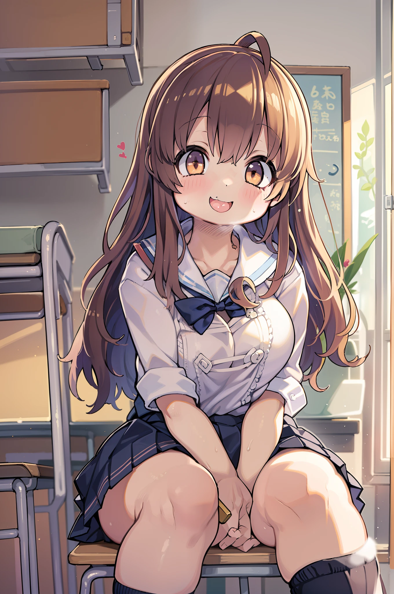 ((masutepiece, Best Quality)),Best aesthetic,1girl in, School uniform, desk work, Sitting, School Desk, Brown hair, crass room, Long hair, Indoors, Chair, Looking at Viewer, :P, Solo Focus, Brown eyes, Skirt, Long sleeves, Pencil, 1 boy, pencil case, paper, black serafuku, Multiple girls, Pleated skirt, Sailor collar, Bangs, head rest, School bag, school chair,huge-breasted、bbw、thick thight、big butts、Ultramammy、Smile big