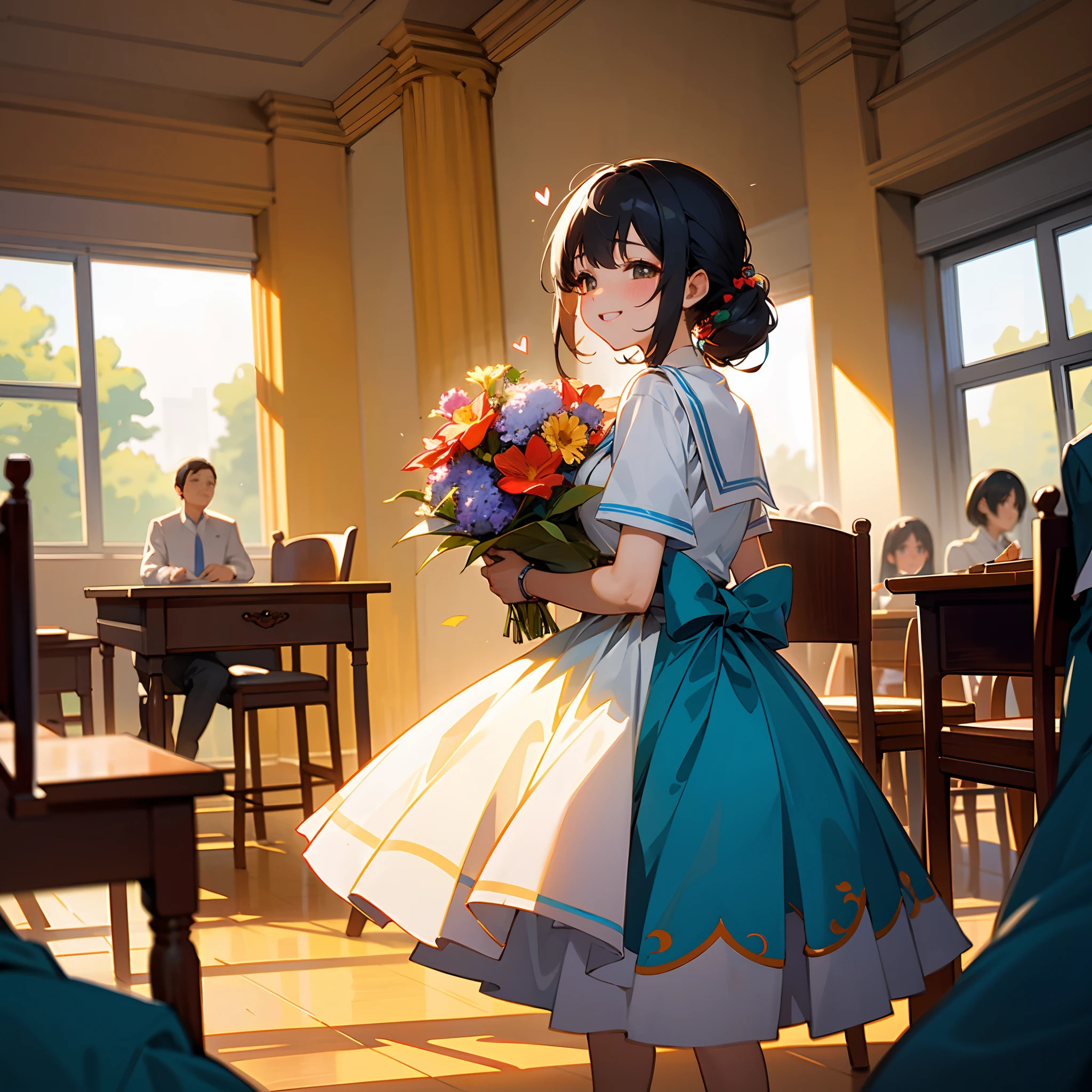 ,Masterpiece, Best quality,8K, 超高分辨率,In this wonderful school,On the occasion of Teachers' Day,The classroom became a sea of flowers。Step into the classroom,It's as if you've entered a dream world。
The four walls of the classroom are decorated with colorful flowers,It's like red、Yellow and blue sea。The aroma of blooming flowers fills the air,It gives a feeling of intoxication。
Light spills onto the floor through the windows,Mottled light and shadow are formed。In the sunlight,Flowers cast beautiful silhouettes on the walls,It's like a gorgeous picture。These flowers look illusory and beautiful,It's like coming out of a fairy tale。
The desks and chairs in the classroom have also been replaced with gorgeous works of art,Colorful chairs and tables are inlaid with delicate floral motifs。Carefully prepared bouquets of flowers are placed on each table,Adding a strong festive atmosphere to this special day。
Students sit in their seats,They are all dressed in beautiful clothes,The face is full of happiness and knowledge。They excitedly discussed the celebration of Teachers' Day,Sharing gifts and surprises with each other。
The teacher walked into the classroom with a smile,She wore a long blue dress,holds a bouquet of flowers。Her smile was warm and affectionate,As if radiating the light of love。She felt loved and respected by her students,The heart is filled with endless happiness。
This is a special classroom,Full of art and a strong sense of well-being。On this special day,Students show their love to their teachers,Celebrate holidays that belong to teachers。