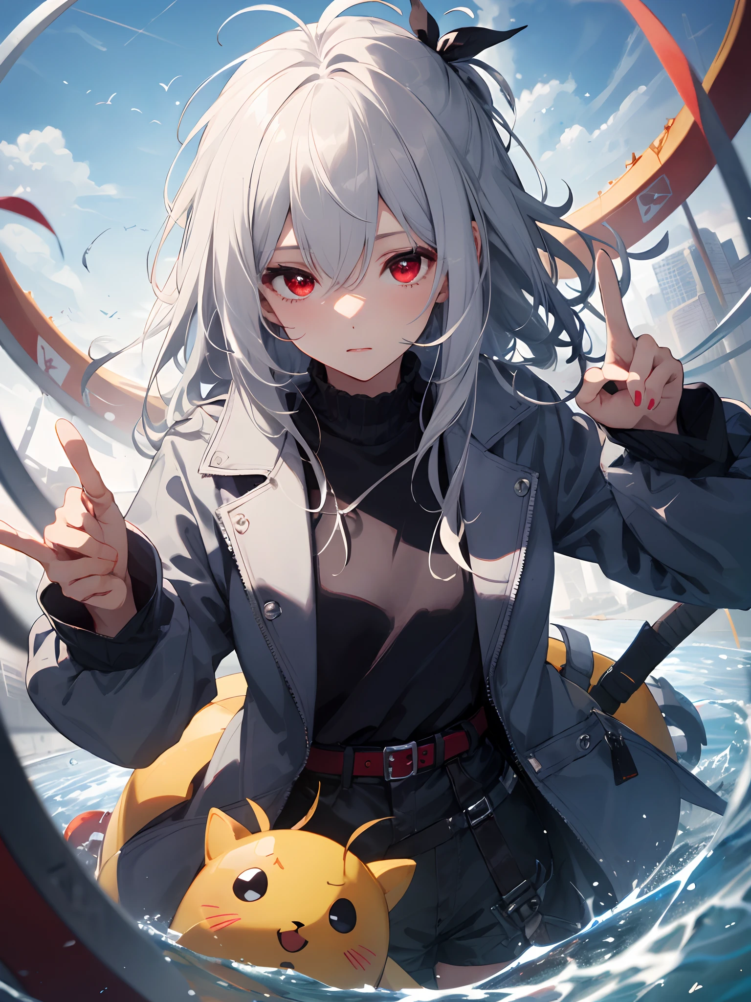 (tmasterpiece,Best quality at best,high high quality),1girll,((unfazed by)),sitted,looking at viewert,White hair,(long whitr hair,messy hair),red eyes,:(,floated hair,Finger five