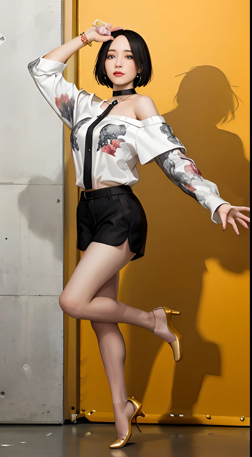 (masutepiece, Best Quality, 1girl in, Solo, Fine detail, chromatic abberation), Realistic, (Medium Breath)), pixie short hair, Sharp eyes, Choker,off shoulder shirt、 long legged、((beauty legs)), pin heels、Open coat, (Symmetrical eyes), (Perfectly symmetrical body), Graffiti, Solid color background, Looking at the viewer, Guvez style artwork, Realistic art style, Woman taking photo in red coat and black shorts、(((dancing)))
