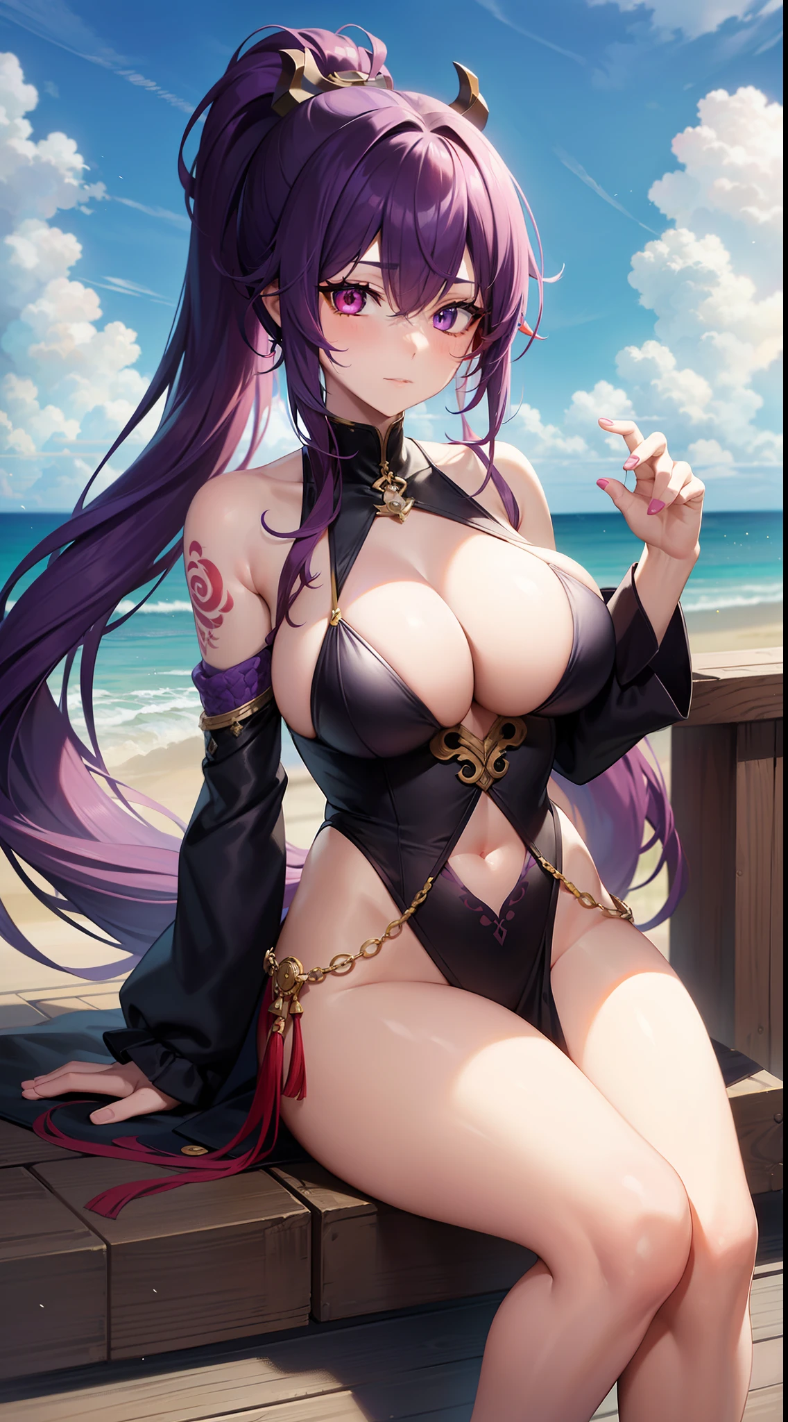 adult girl, long purple hair, Part of the hair is gathered in a high ponytail, Heterochromia, The left eye is purple, Red right eye, big breastes, The Monkey King's Armor, open torso, lots of tattoos, clouds beneath your feet, Masterpiece, hiquality, 4k, HD, Good detail