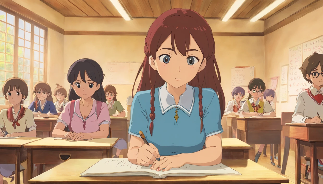 In the classroom，The teacher is lecturing the students，Beautiful teacher，closeup cleavage，The eyes are sharply focused