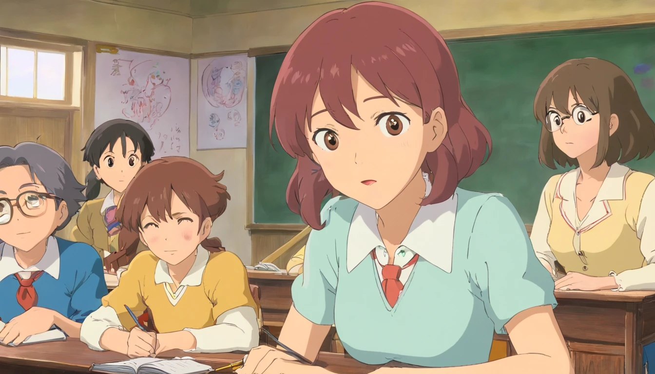 In the classroom,The teacher is lecturing the students,Beautiful teacher,closeup cleavage,The eyes are sharply focused
