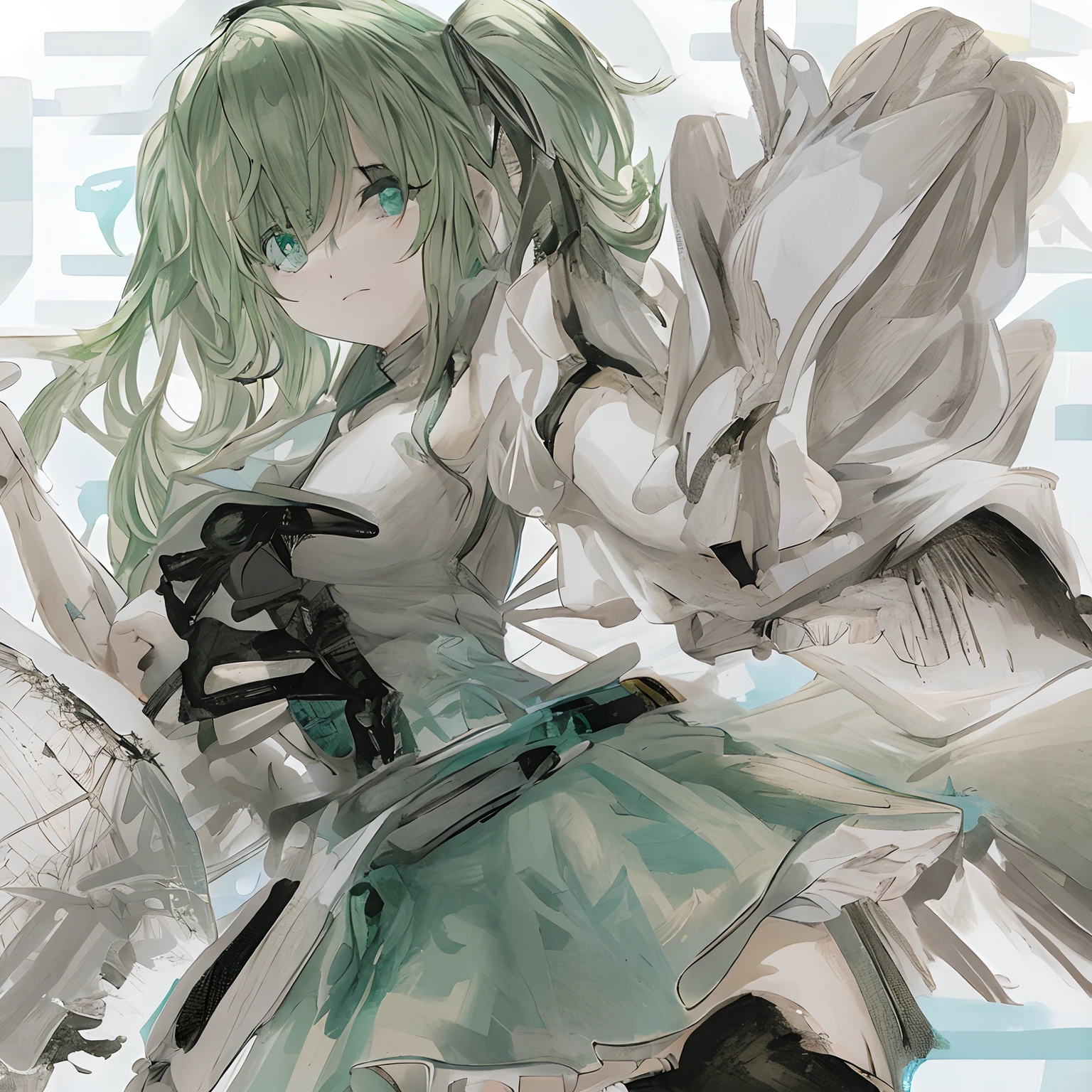 Let's start with a base illustration of a young female character.
Adjust the hair color to Hatsune Miku's iconic turquoise blue.
Style the hair to be very long, reaching below the waist, in twin tails. Ensure the twin tails are evenly balanced and neatly wrapped at the top.
Give the hair a glossy appearance and a slightly voluminous texture.
Create a youthful and cute facial expression with large, expressive eyes. The eye color should be a bright shade of blue.
Give her a characteristic slim and petite body frame.
Remove the distinctive outfit consisting of a sleeveless top, tie, and pleated skirt. Include shades of teal and black in the color scheme.
Include signature accessories such as a futuristic headset, microphone, and detachable sleeves.
Optionally, add knee-high boots or thigh-high socks in matching color tones.
Provide a background that complements the aesthetic, such as a futuristic cityscape or a concert stage with colorful lights.
Please note that due to the complexity of the instructions, it may be challenging for an AI to accurately generate an image based on the exact specifications provided.
Please draw it in a sketch-like style, resembling an idea sketch.
A drawing that looks like it was done with a pencil. A picture drawn in a messy manner. A drawing done with hesitation.Soft Joints - Dancer's Joints - Twisting the Hips Dramatically - No Use of Black in Outlines - Pink Illumination - Lowered Gaze - Slender Eyes - Puffy Cheeks - Visible Abdominal Skin - Hair Color is Aqua - Hair Doesn't Turn Green - Employing Light Pastel Colors for Outlines.