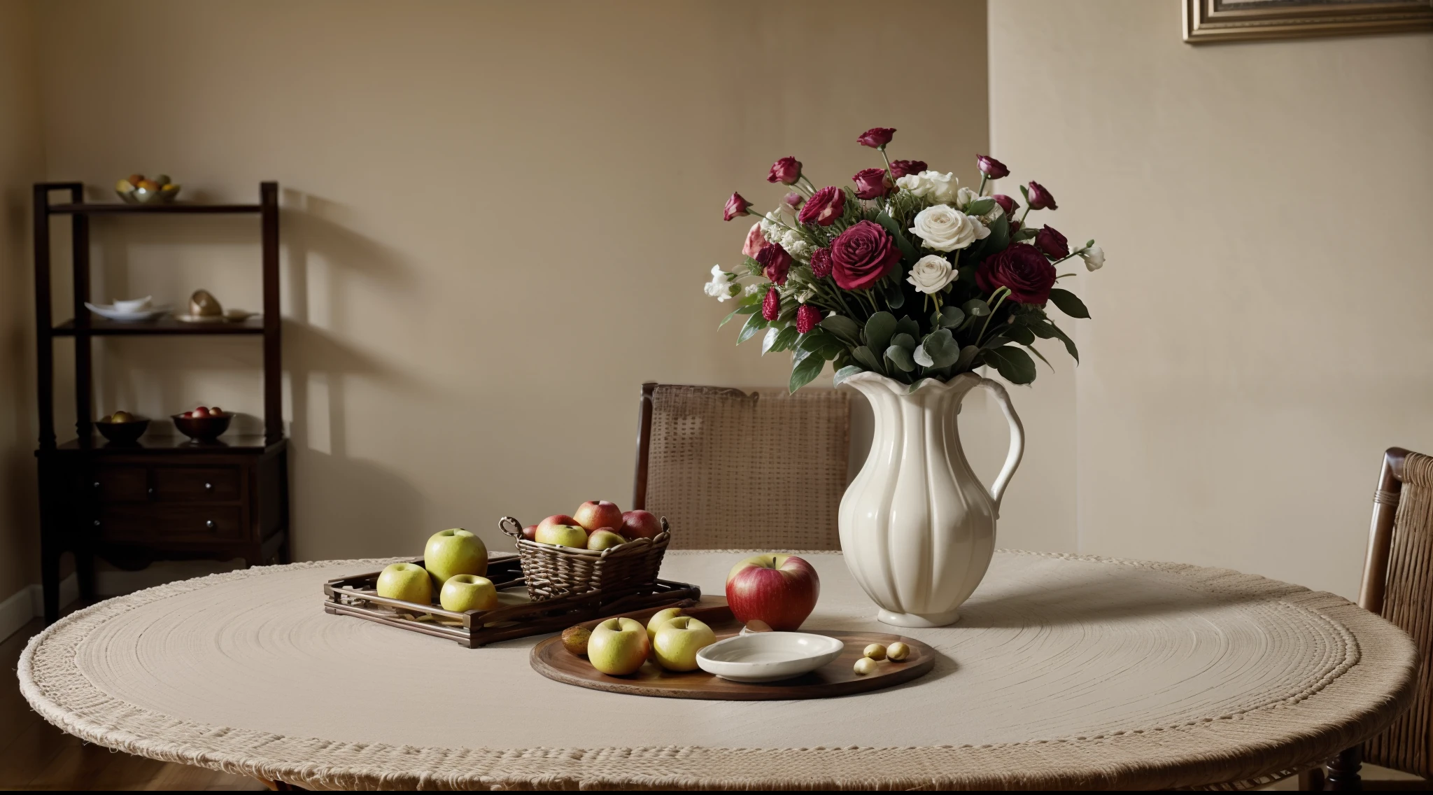 Imagine a classic still life scene that exudes elegance and richness. In the composition, Place a polished solid wood table, bathed in a soft light that enhances its rich texture. Sobre a mesa, Organize a selection of ripe fruits, like apples, peras e uvas, Arranged with artistic precision in a hand-carved wicker basket. Ao lado do cesto, Position a finely crafted ceramic vase, adorned with lush, multicolored flowers that seem to capture the essence of spring. A luz dourada destaca as cores vivas das frutas e das flores, while soft shadows highlight the details of the table and objects. The scene radiates a sense of opulence and sophistication