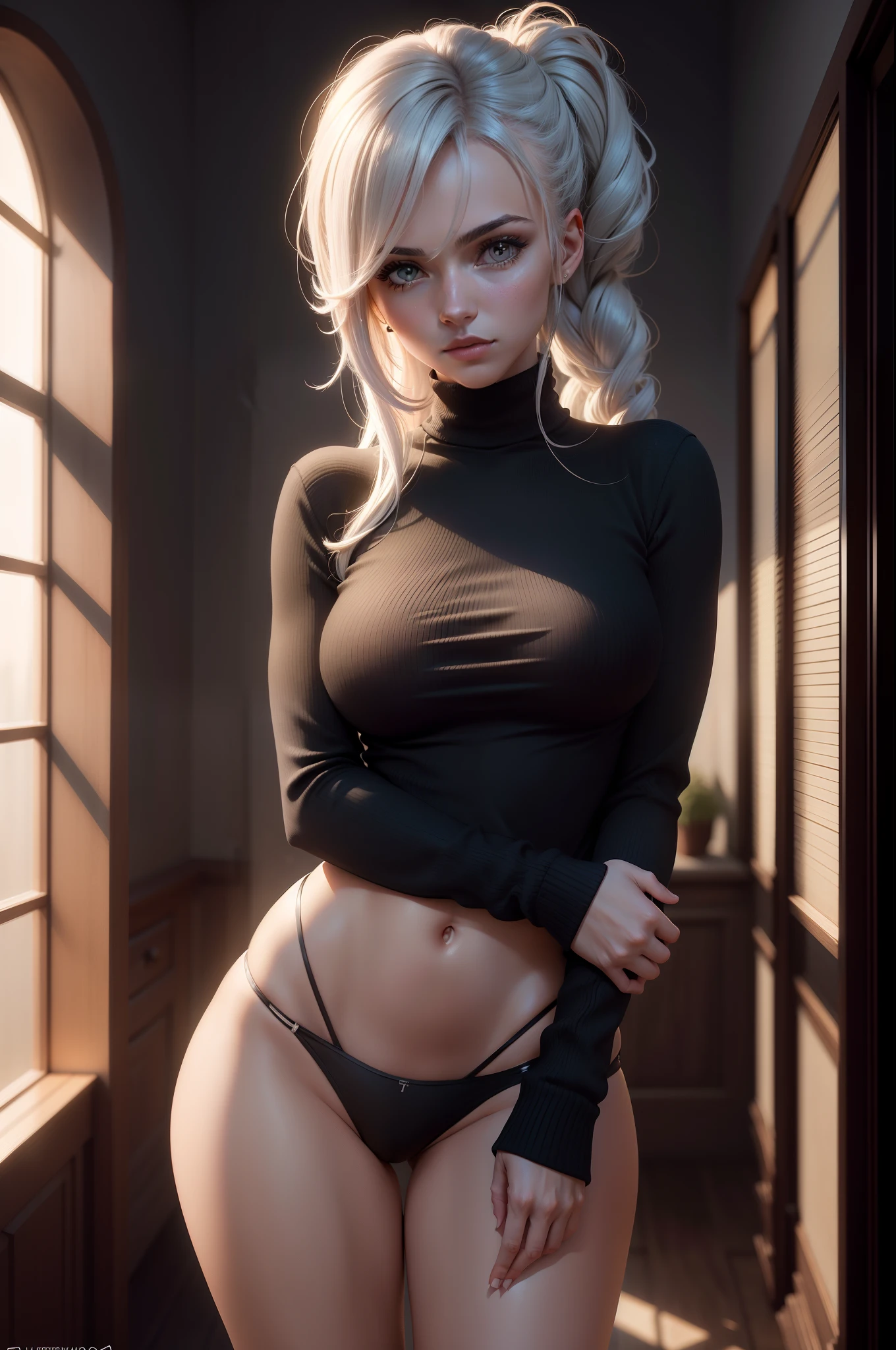 ultra high-resolution, master part, best quality, HDR , cinematic picture, Beautiful woman, Cabelos castanhos desarrumados, olhar meigo , 
cara muito detalhadade, olhos detalhados, extremamente intrincado, peles brilhantes brilhantes perfeitas, perfect lighting, Detailed lighting, Shadows Dramatic ,ray tracing,
1girl,parte superior do corpo,black sweater,Olhando para o Viewer,