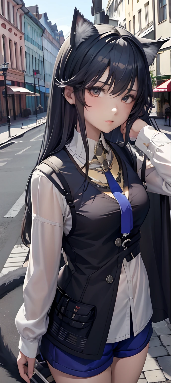 1girll, Ebenya, view the viewer, Black hair, neko, Cat ears, Cat tail, White shirt, Open clothes, russian city, ba-shiroko