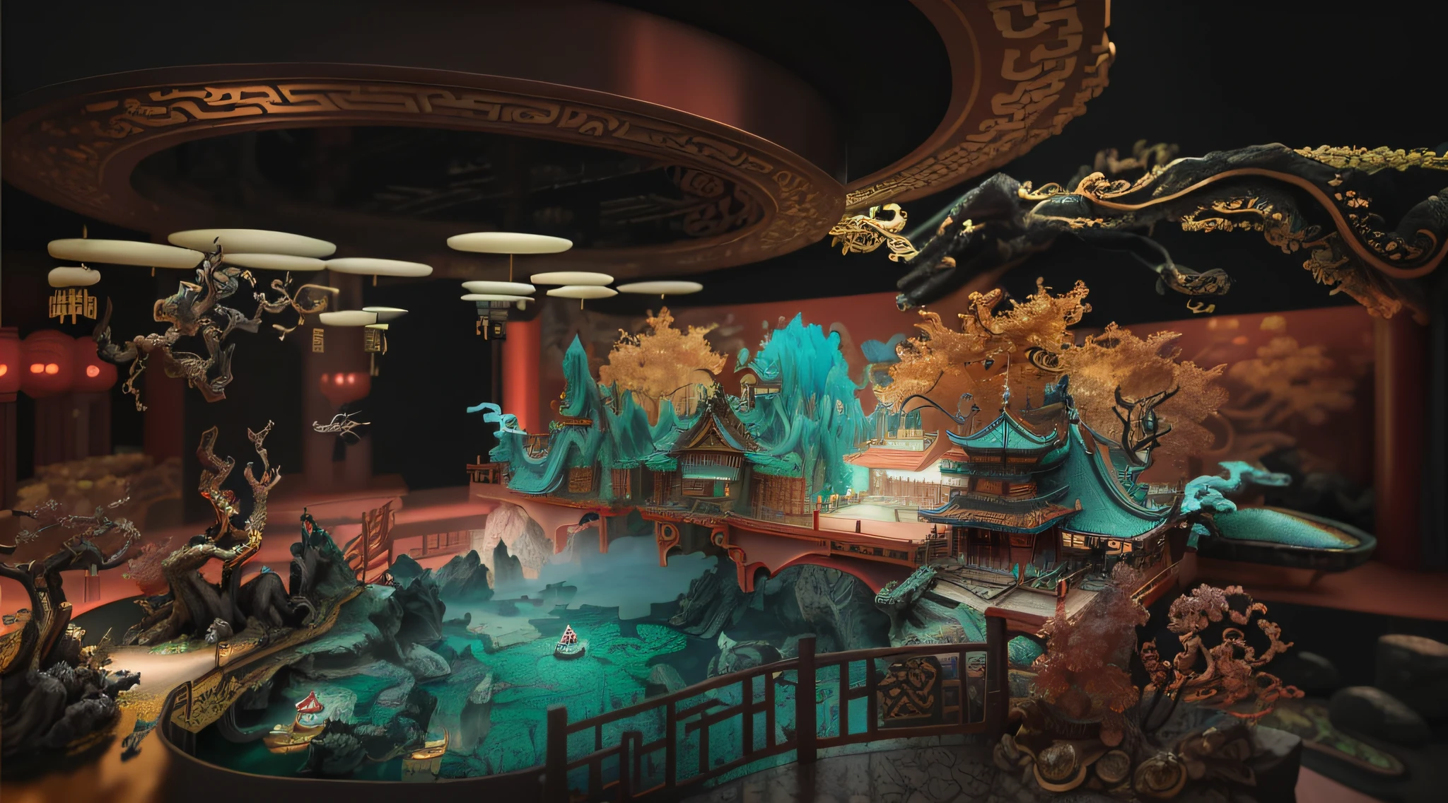 A Chinese palace,Beautiful rendering of the Tang Dynasty, highly detailed surreal vfx, intricate ornate anime cgi style, japonisme 3 d 8 k ultra detailed, highly detailed vfx scene, Features a miniature indoor lake, Chinese fantasy, fantasy style 8 k octane render, a chinese wedding,opulent,shock,