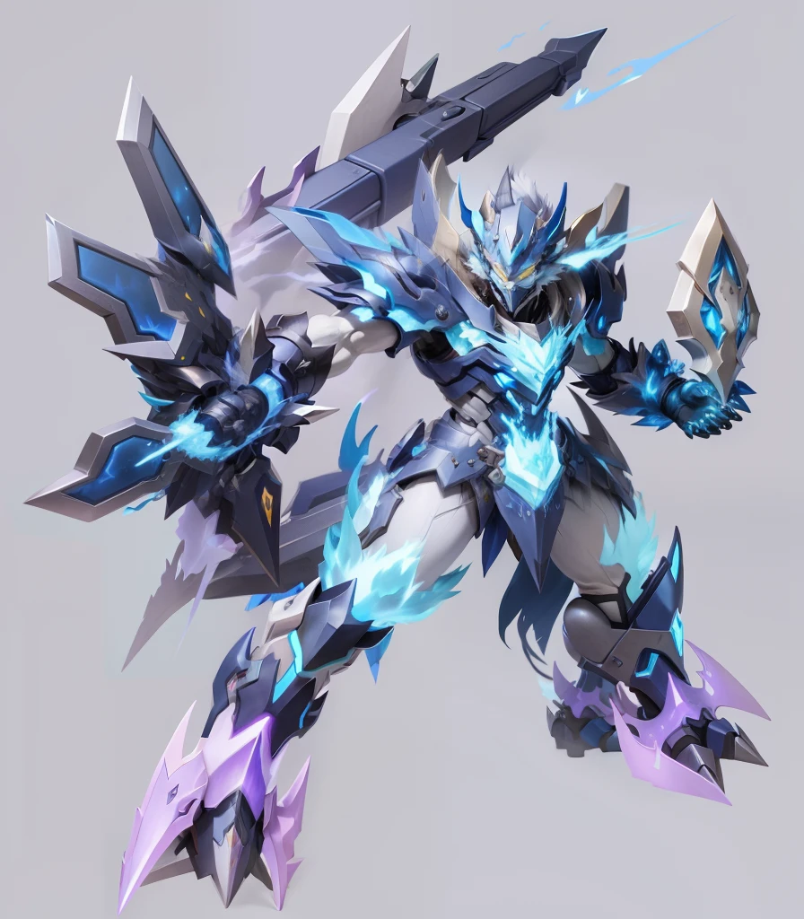 Wolf Digimon blue male weapons in hand concept art fantasy, Elemental fire, Skill power fire