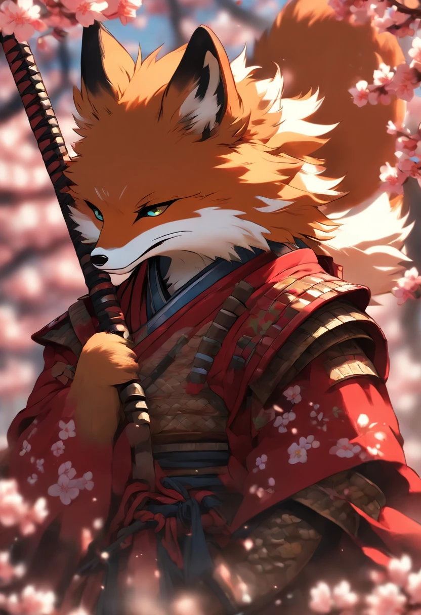 The cutest and noble fox samurai warrior, blue eyes, highly detailed red samurai armor with mounted battle flag, tattoos and piercings, cherry blossoms blowing in the wind, sengoku battle, perfect masterpiece, high quality, high resolution