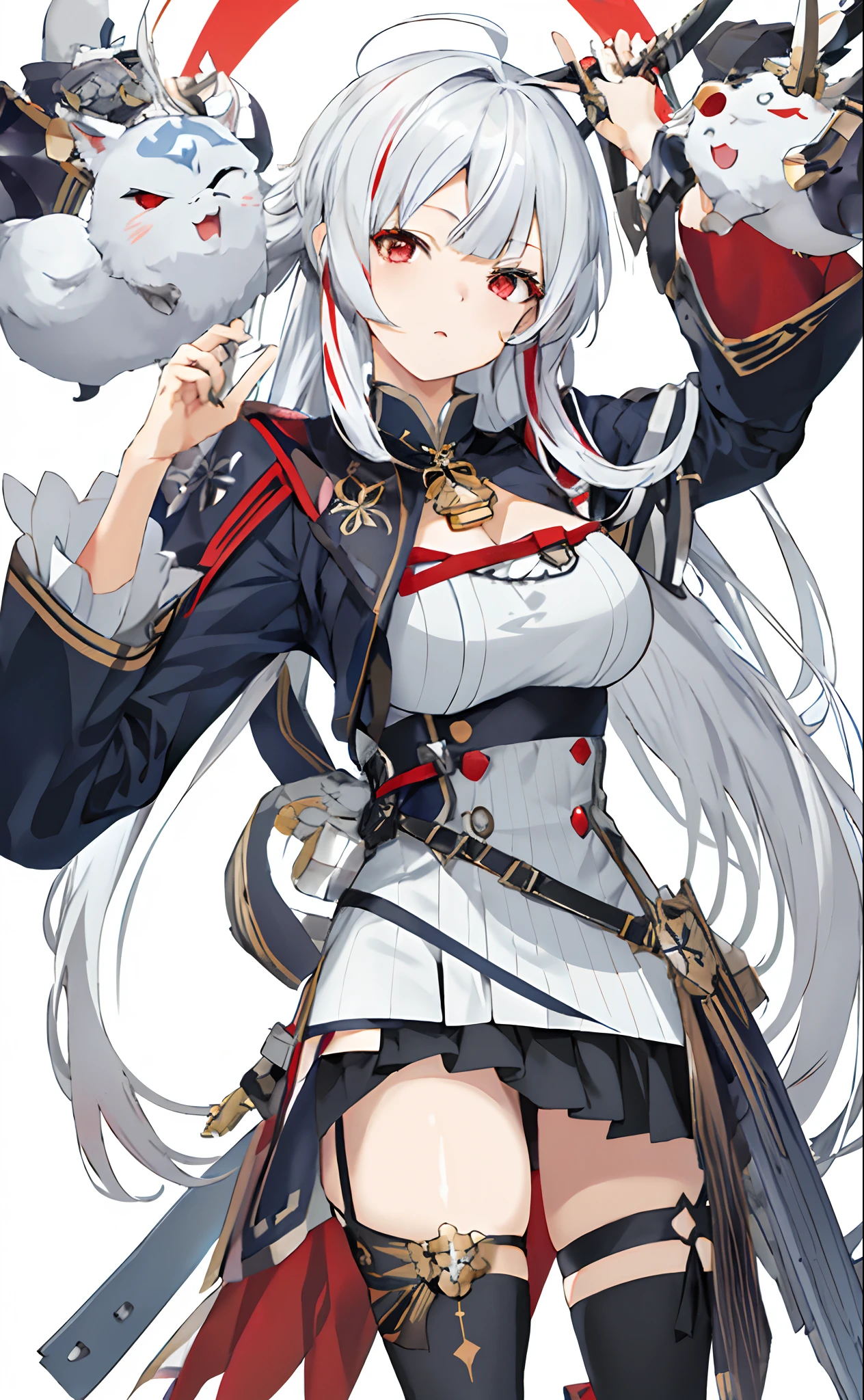 Prinz Eugen\(azur lane\), 1girl, breasts, prinz eugen (azur lane), solo, gloves, long hair, large breasts, garter straps, white background, multicolored hair, iron cross, simple background, cross, streaked hair, red hair, grey hair, two side up, very long hair, sideboob, looking at viewer, black gloves, headgear, long sleeves, finger to mouth, bangs, blush, buttons, yellow eyes, double-breasted, cowboy shot, thighs, antenna hair, thighhighs, mole on breast, mole  <lora:Prinz_Eugen:0.8>