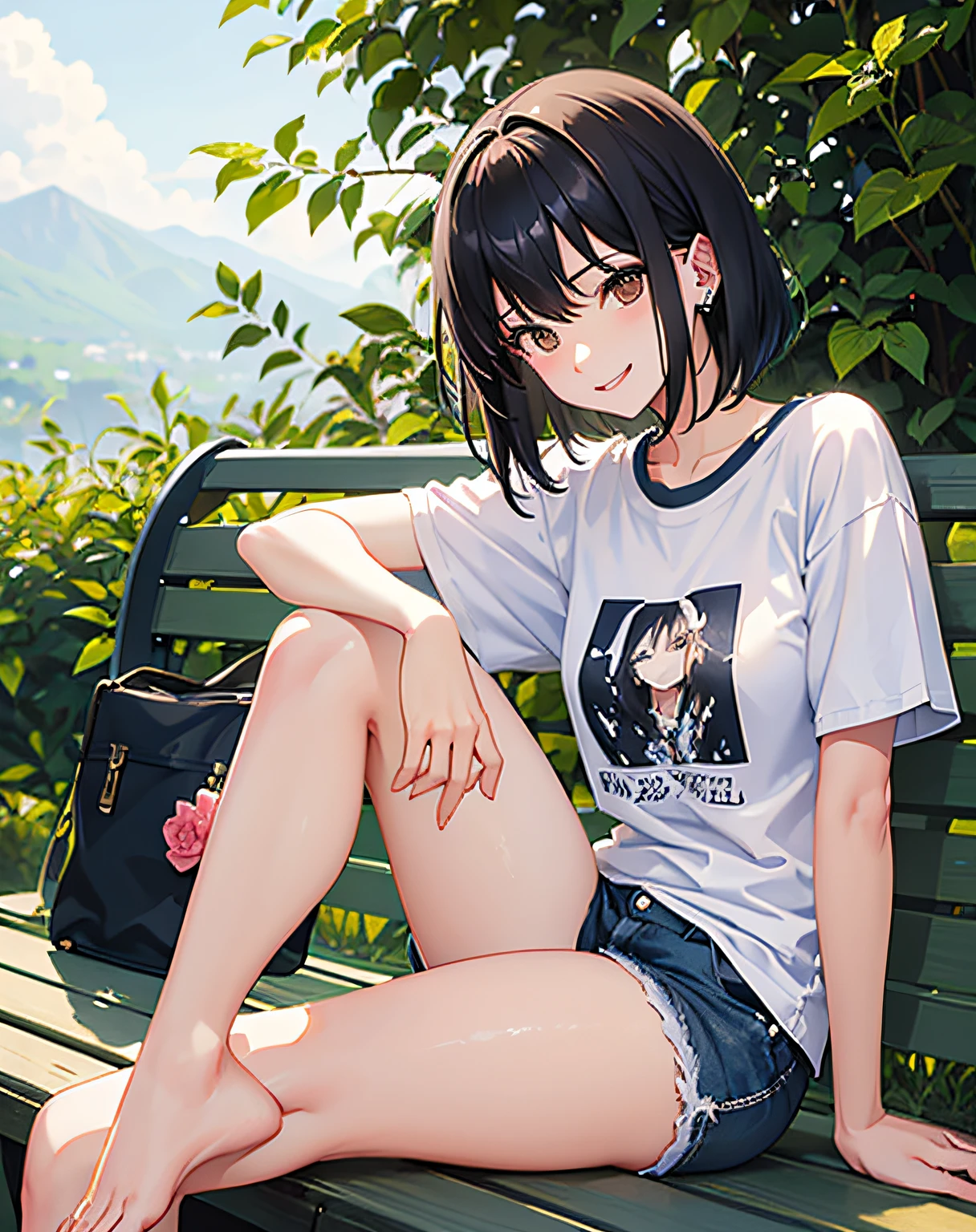 2D、hight resolution、photoRealstic、1 cool woman、24 year old、Short black hair、Brown eyes、Tear bag、small nose、Show your teeth and smile、Simple piercing、white t-shirts、Damaged Denim Pants、(large full breasts:1.4)、Delicate arms、long legged、Sitting on a park bench、Clear skies、Bright lighting
