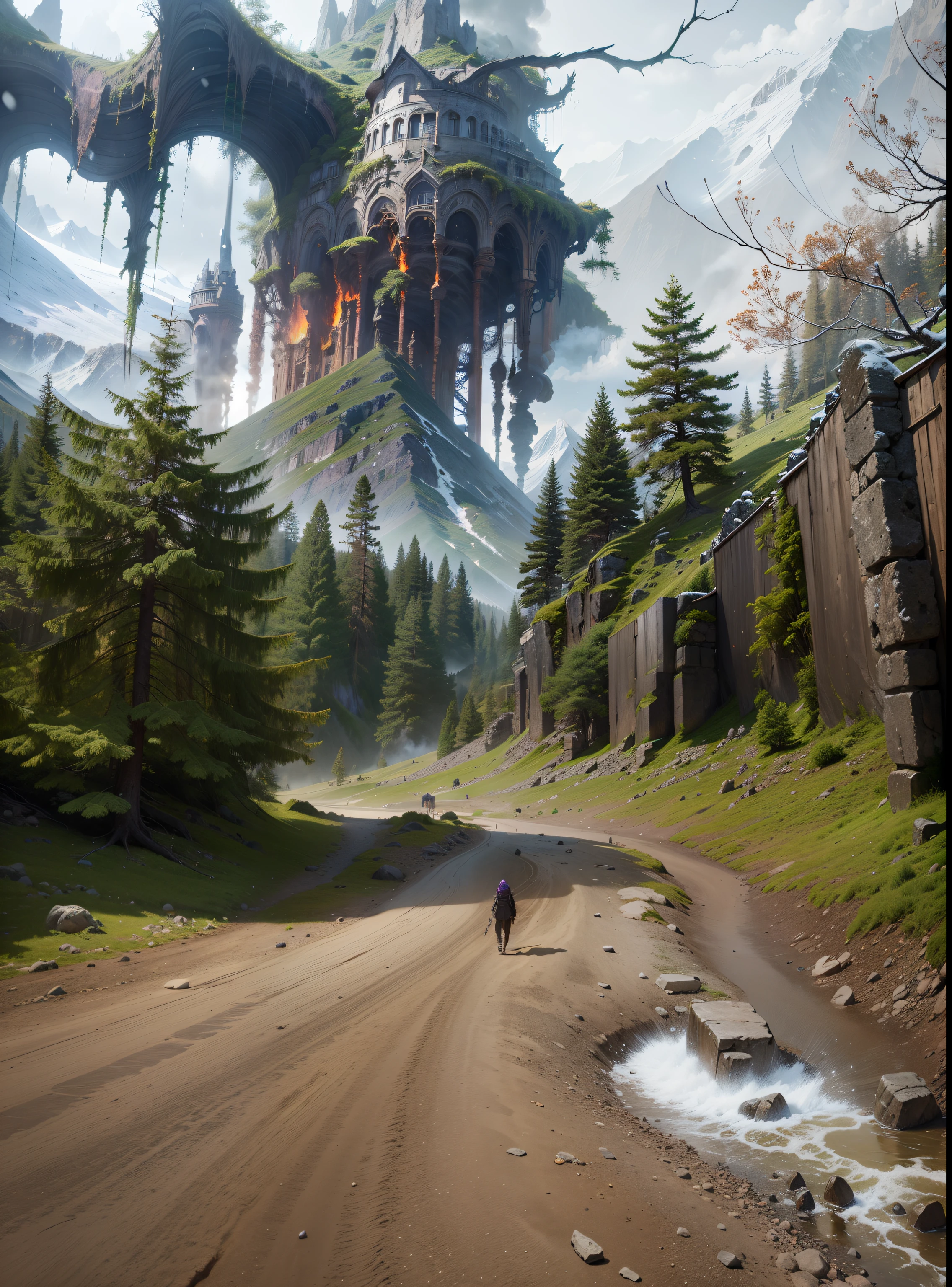 Draw a mountain,The background is the purple-black galaxy and universe,There are people under the mountain,Scary creatures in the mountains, Huge Cthulus,Dark,low details. Digital painting, mountain scene, inspired by Tim Hildebrandt, snow mountains, 4k highly detailed digital art, jen bartel, mountain in background, Granular matte finish, mountain range in background, Big Mountain, 4k hd matte digital painting,Otherworldly mysterious creatures, Terrifying atmosphere, Fire, Smoke, hyper photorealism, High quality, Masterpiece