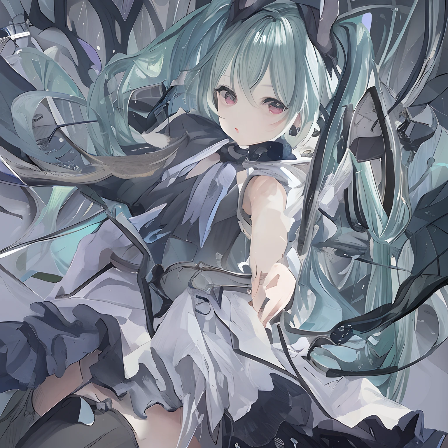 Let's start with a base illustration of a young female character.
Adjust the hair color to Hatsune Miku's iconic turquoise blue.
Style the hair to be very long, reaching below the waist, in twin tails. Ensure the twin tails are evenly balanced and neatly wrapped at the top.
Give the hair a glossy appearance and a slightly voluminous texture.
Create a youthful and cute facial expression with large, expressive eyes. The eye color should be a bright shade of blue.
Give her a characteristic slim and petite body frame.
Remove the distinctive outfit consisting of a sleeveless top, tie, and pleated skirt. Include shades of teal and black in the color scheme.
Include signature accessories such as a futuristic headset, microphone, and detachable sleeves.
Optionally, add knee-high boots or thigh-high socks in matching color tones.
Provide a background that complements the aesthetic, such as a futuristic cityscape or a concert stage with colorful lights.
Please note that due to the complexity of the instructions, it may be challenging for an AI to accurately generate an image based on the exact specifications provided.
Please draw it in a sketch-like style, resembling an idea sketch.
A drawing that looks like it was done with a pencil. A picture drawn in a messy manner. A drawing done with hesitation.Soft Joints - Dancer's Joints - Twisting the Hips Dramatically - No Use of Black in Outlines - Pink Illumination - Lowered Gaze - Slender Eyes - Puffy Cheeks - Visible Abdominal Skin - Hair Color is Aqua - Hair Doesn't Turn Green - Employing Light Pastel Colors for Outlines.