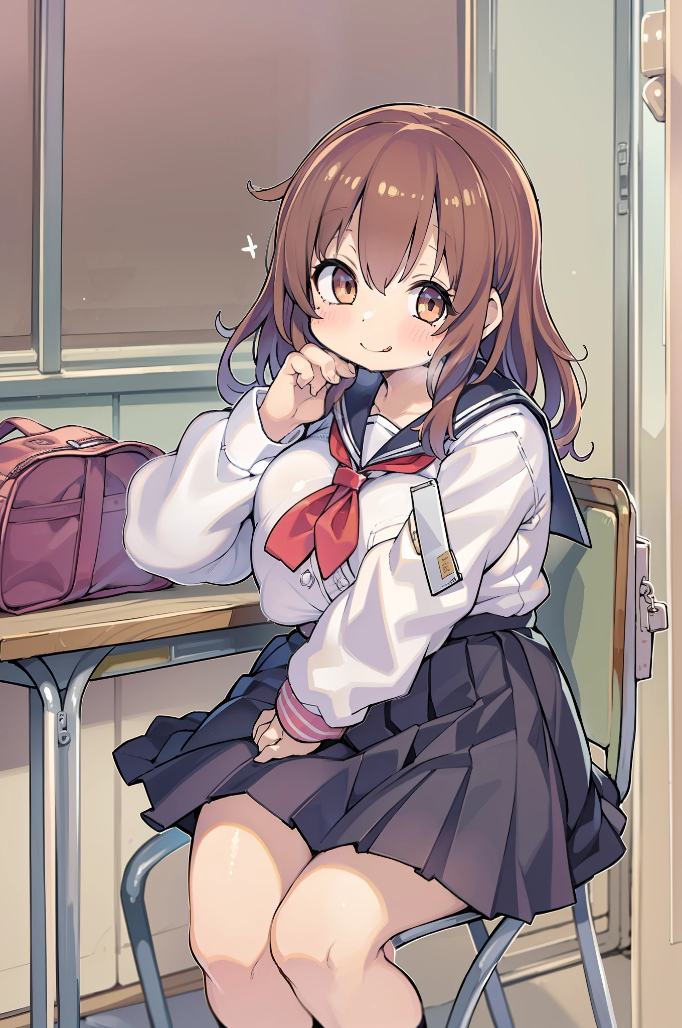 ((masutepiece, Best Quality)),Best aesthetic,1girl in, School uniform, desk work, Sitting, School Desk, Brown hair, crass room, Long hair, Indoors, Chair, Looking at Viewer, :P, Solo Focus, Brown eyes, Skirt, Long sleeves, Pencil, 1 boy, pencil case, paper, black serafuku, Multiple girls, Pleated skirt, Sailor collar, Bangs, head rest, School bag, school chair,huge-breasted、bbw、thick thight、big butts、Ultramammy、Smile big