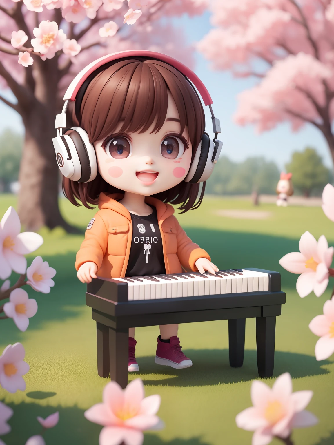 (masterpiece),(best quality),(ultra-detailed), (full body:1.2), solid background 1girl, chibi,cute, smile, open mouth, outdoors, playing ((piano)),music, jacket, blush, tree, :3, shirt, short hair, cherry blossoms, blurry, brown hair, blush stickers, long sleeves, bangs, headphones, black hair, pink flower, (beautiful detailed face), (beautiful detailed eyes),
