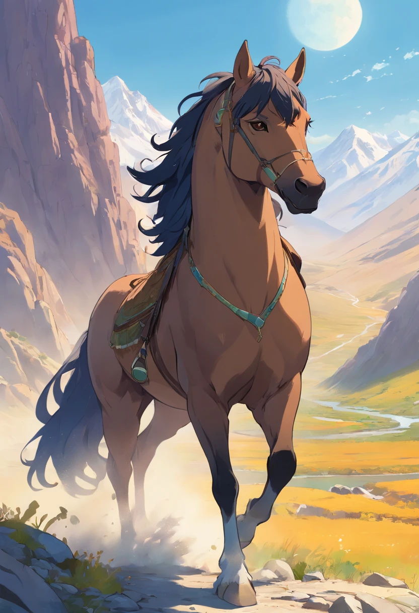 Create a vivid and captivating image of Rakhsh, the legendary Afghan steed of the hero Rostam, standing proudly amidst the rugged landscapes of ancient Afghanistan. Picture Rakhsh as a magnificent and powerful stallion with a sleek ebony coat that glistens in the sun. His muscular build exudes strength and resilience, showcasing the countless battles and adventures he has shared with Rostam. His eyes, deep and intelligent, reflect the bond of trust and camaraderie that exists between him and his legendary rider. Rakhsh's mane, flowing like a dark river in the wind, seems to carry with it the echoes of ancient tales and heroic feats. As he stands against a backdrop of rugged mountains, you can almost feel the pulse of history and the enduring spirit of Afghanistan's folklore embodied in this majestic creature.