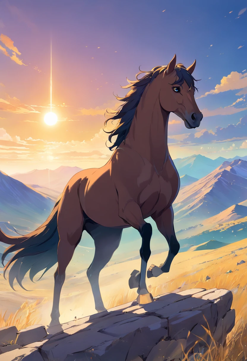 Create a vivid and captivating image of Rakhsh, the legendary Afghan steed of the hero Rostam, standing proudly amidst the rugged landscapes of ancient Afghanistan. Picture Rakhsh as a magnificent and powerful stallion with a sleek ebony coat that glistens in the sun. His muscular build exudes strength and resilience, showcasing the countless battles and adventures he has shared with Rostam. His eyes, deep and intelligent, reflect the bond of trust and camaraderie that exists between him and his legendary rider. Rakhsh's mane, flowing like a dark river in the wind, seems to carry with it the echoes of ancient tales and heroic feats. As he stands against a backdrop of rugged mountains, you can almost feel the pulse of history and the enduring spirit of Afghanistan's folklore embodied in this majestic creature.