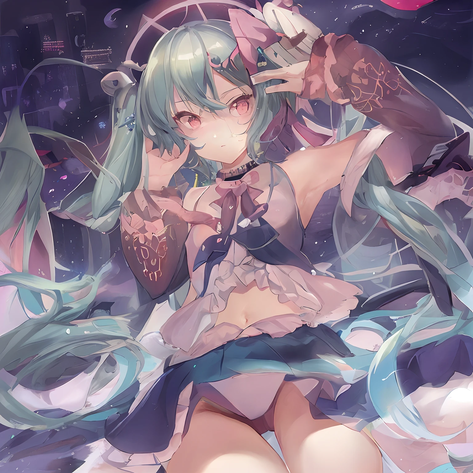 Let's start with a base illustration of a young female character.
Adjust the hair color to Hatsune Miku's iconic turquoise blue.
Style the hair to be very long, reaching below the waist, in twin tails. Ensure the twin tails are evenly balanced and neatly wrapped at the top.
Give the hair a glossy appearance and a slightly voluminous texture.
Create a youthful and cute facial expression with large, expressive eyes. The eye color should be a bright shade of blue.
Give her a characteristic slim and petite body frame.
Remove the distinctive outfit consisting of a sleeveless top, tie, and pleated skirt. Include shades of teal and black in the color scheme.
Include signature accessories such as a futuristic headset, microphone, and detachable sleeves.
Optionally, add knee-high boots or thigh-high socks in matching color tones.
Provide a background that complements the aesthetic, such as a futuristic cityscape or a concert stage with colorful lights.
Please note that due to the complexity of the instructions, it may be challenging for an AI to accurately generate an image based on the exact specifications provided.
Please draw it in a sketch-like style, resembling an idea sketch.
A drawing that looks like it was done with a pencil. A picture drawn in a messy manner. A drawing done with hesitation.Soft Joints - Dancer's Joints - Twisting the Hips Dramatically - No Use of Black in Outlines - Pink Illumination - Lowered Gaze - Slender Eyes - Puffy Cheeks - Visible Abdominal Skin - Hair Color is Aqua - Hair Doesn't Turn Green - Employing Light Pastel Colors for Outlines.