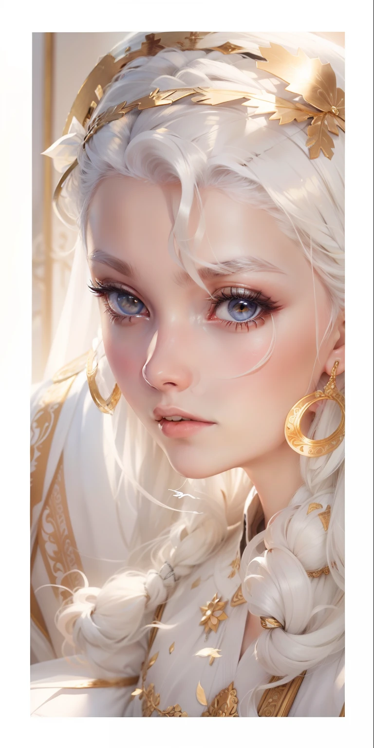 best quality, masterpiece,white hair, gold eyes,white clothes, looking up, upper body,hair strand,Fair skin,side braids