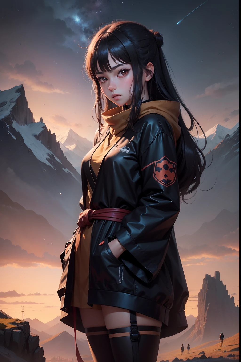 anime female character, standing on a small protrusion of land, looking at the stars, starry sky, landscape of a beautiful open field with mountains in the background, anime drawing by Yang J, Pixiv contest winner, serial art, anime illustration digital, Kawashi, anime style illustration, 4K anime style, cute anime portrait, anime style portrait, anime style art, Guweiz style art, anime illustration, digital anime art, detailed digital anime art.