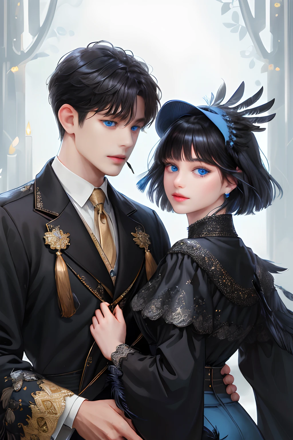 (absurderes , High quality , Masterpiece , Ultra detailed), ( Detailed to hand ) (Detailed to the eye) (Detailed to the face) , couples, 1 man (Short black feathers,Soft tassels, The bangs part is on side 3:7 Scale) and 1 female (Short black hair with tassels) Love ,pretty eyes (Blue eyes) , Black hair, fantasy, Detailed background.