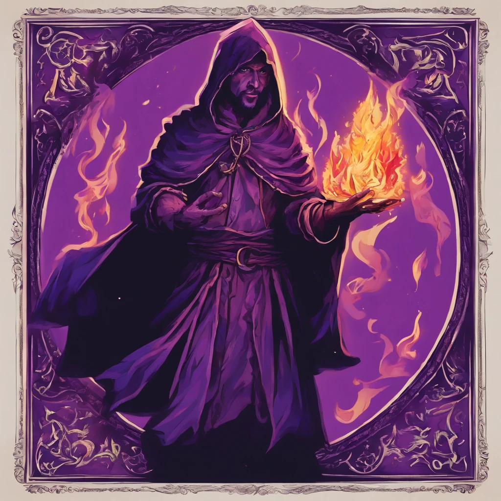 A Rpg Dark Mage, Holding Flames in both hands, His face is behind a magic triangle on purple color